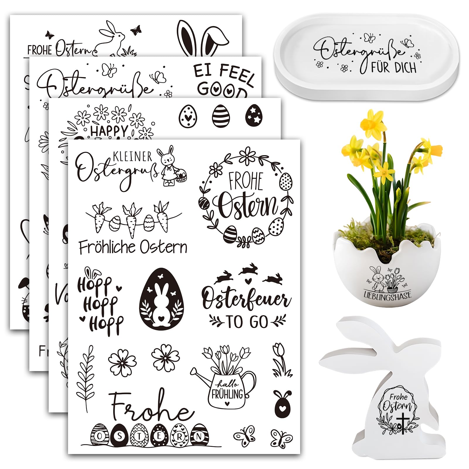 4 Blätter Rub On Sticker Ostern Schwarz Sprüche Ostern Aufkleber Frohe Ostern Sticker Ostereier Osterhasen Blumen Transferaufkleber Rub On Folie Frühling für Scrapbooking Glas Möbel Glas Holz Keramik