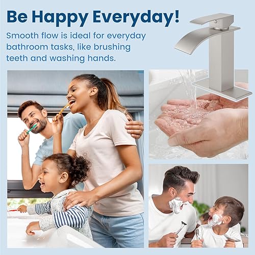 Vista 67 de Airuida Grifo de baño de cascada negro mate, grifo de baño de un solo agujero, grifo mezclador de montaje en cubierta con placa de cubierta, grifo