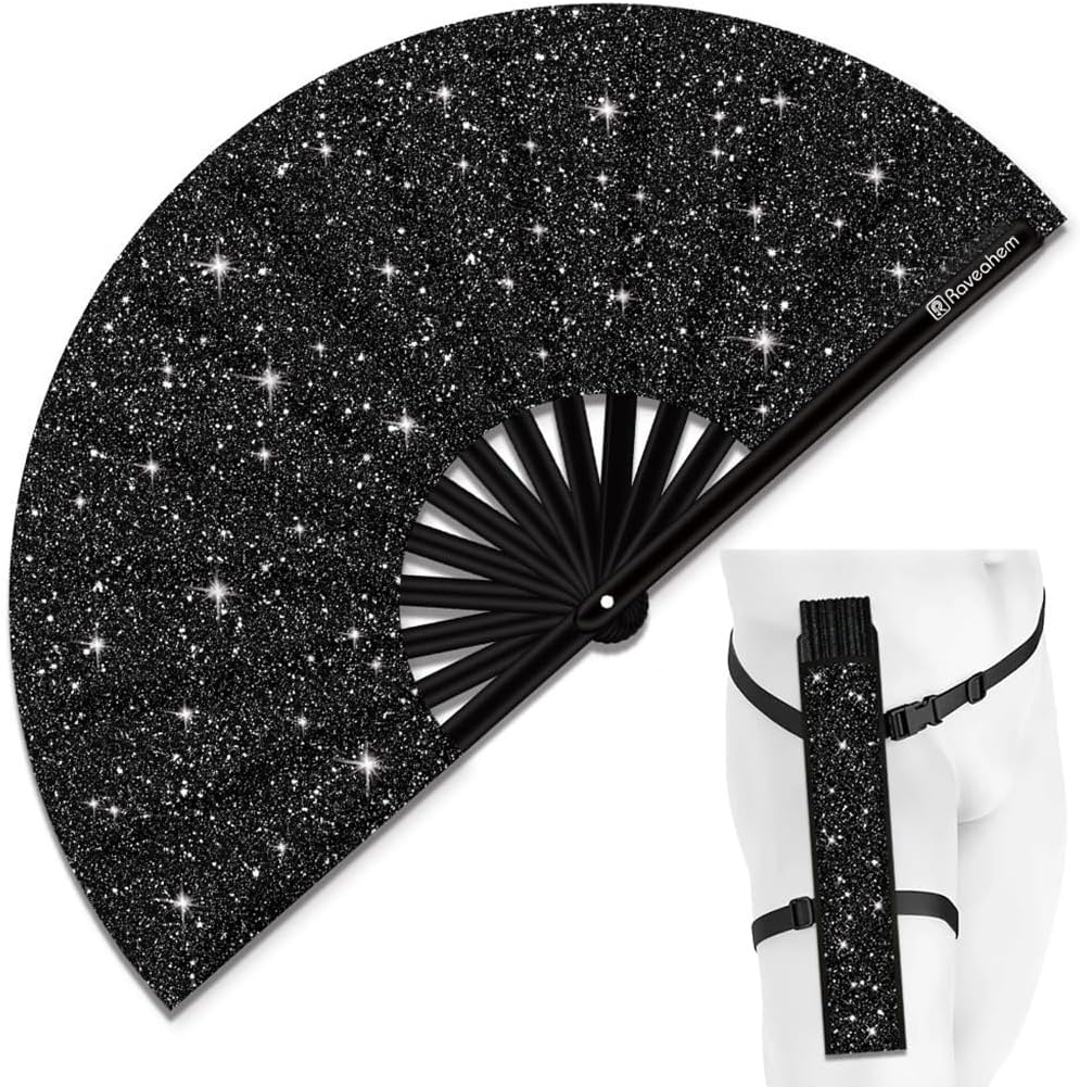 Glitter Large Rave Folding Clack Hand Fan with Holster, Popping Handheld Fan Foldable for Men Women for EDM Festival Club Party Dance, (Black, Large 13")