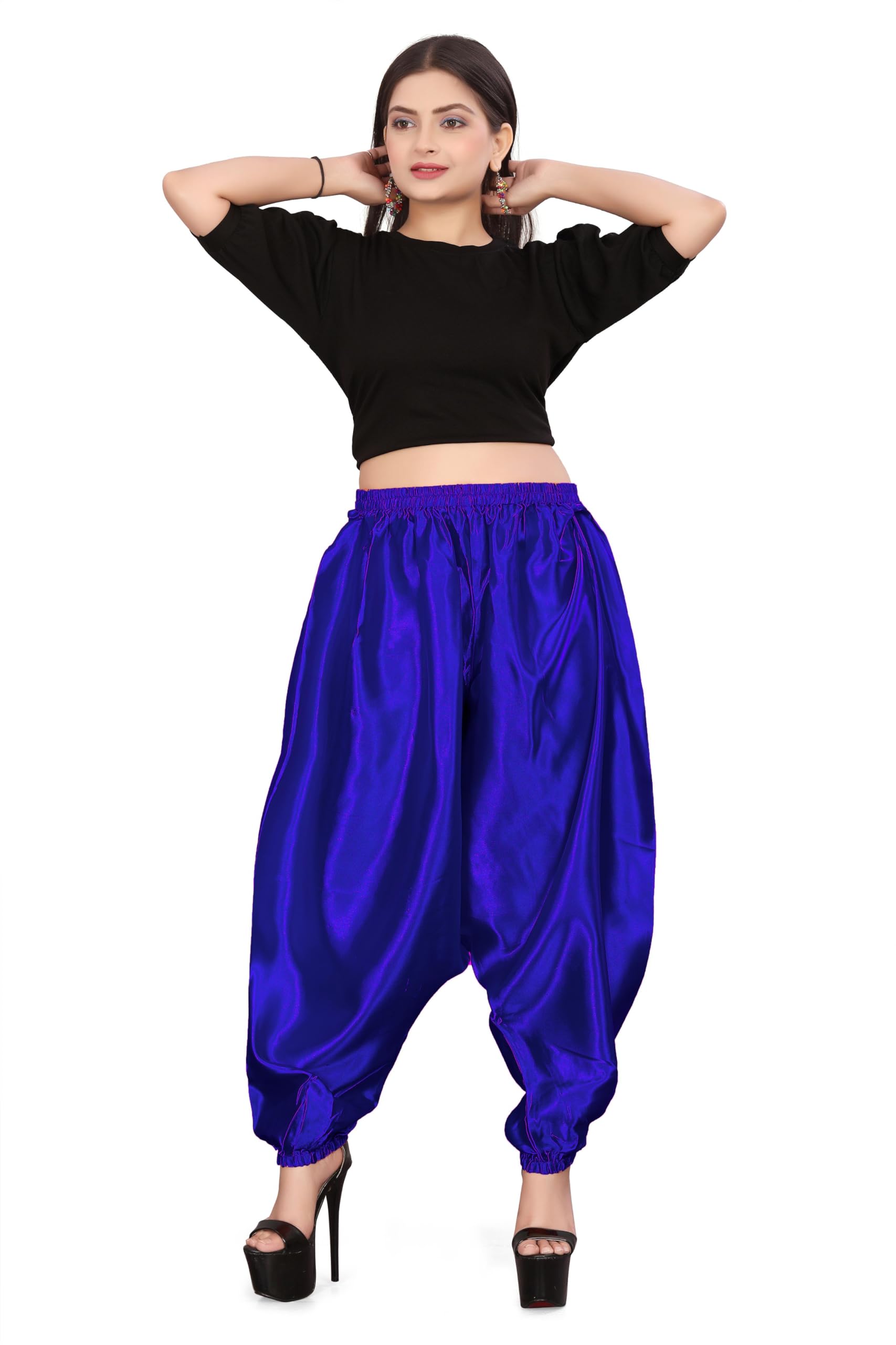 MEEK MERCERY BY KF Satin Belly Dance Harem Boohoo Pant – Elastic Waist, S to 5XL – 41 Colours – Flowing Performance Costume for Stage, Bollywood, Cosplay, Festival & Lounge Wear Royal Blue