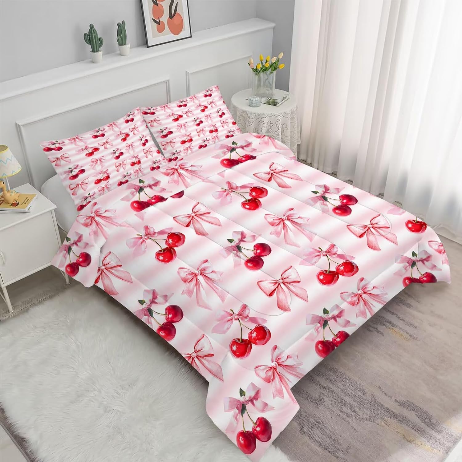 Pink Cherry Bow Bedding Set Full/Queen Size Fruit Comforter for Kids Girls Teen Women Kwaii Bowknot Dreamy Aesthetic Princess Ribbon Bedroom Decor Quilt Bed Sets, 1 Comforter 2 Pillowcases