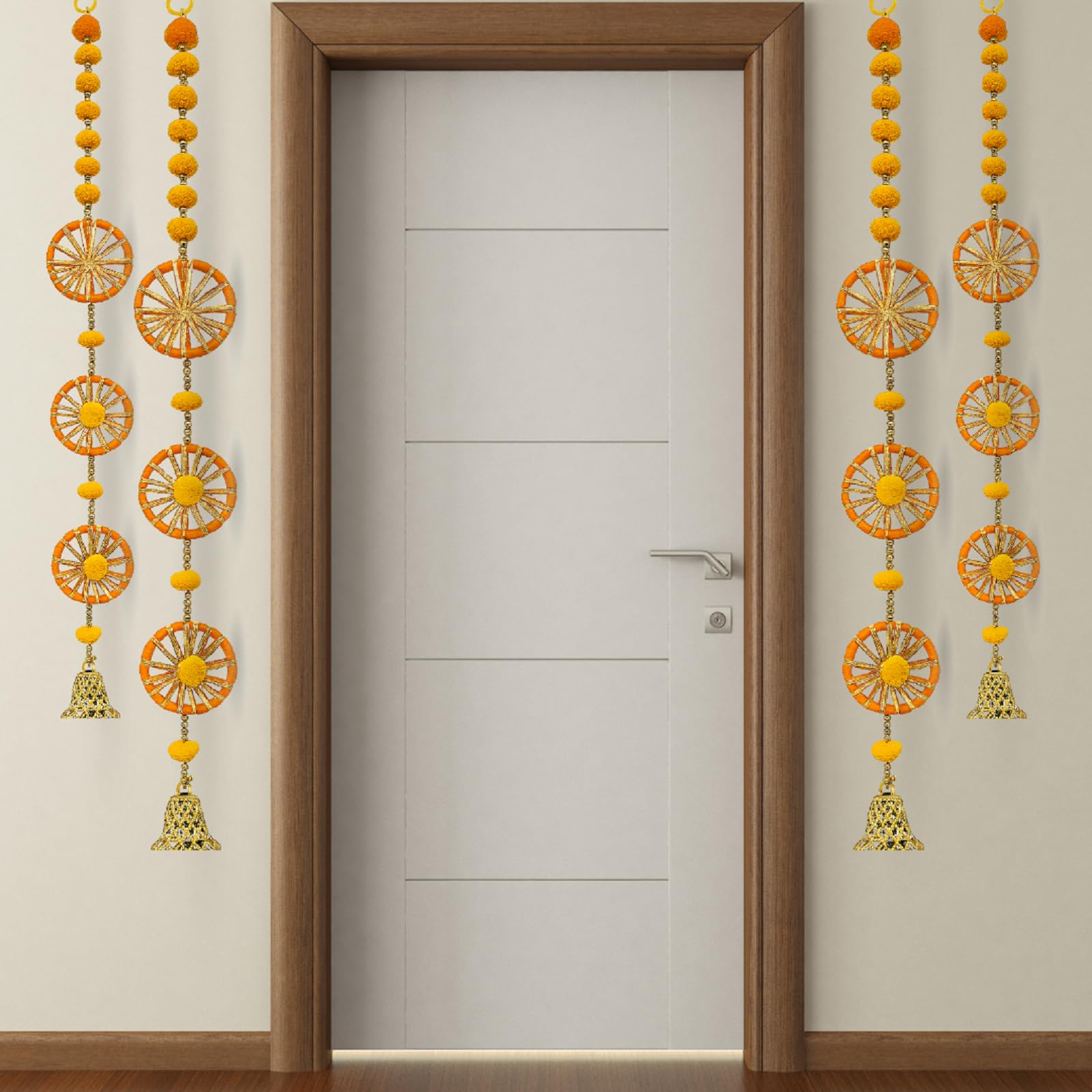 Colorful Chakra Hanging with Bells | Pom-Pom Door & Wall Decor for Any Festival Home Decoration | Traditional Handmade Indian Hanging Toran (Round Yellow - Pack of 4)