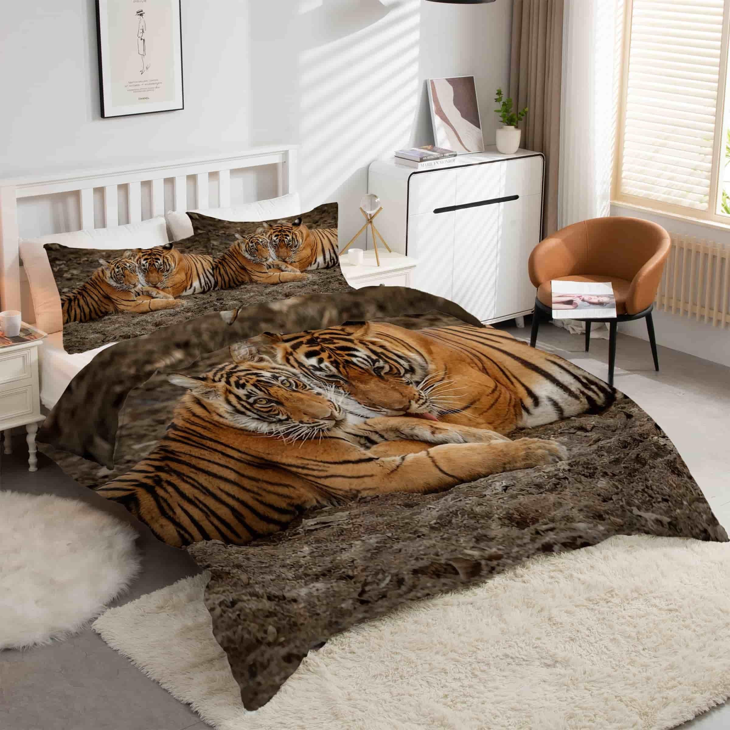 Parure de lit tigre 90x190 en microfibre douce anti-glissement avec fermeture éclair