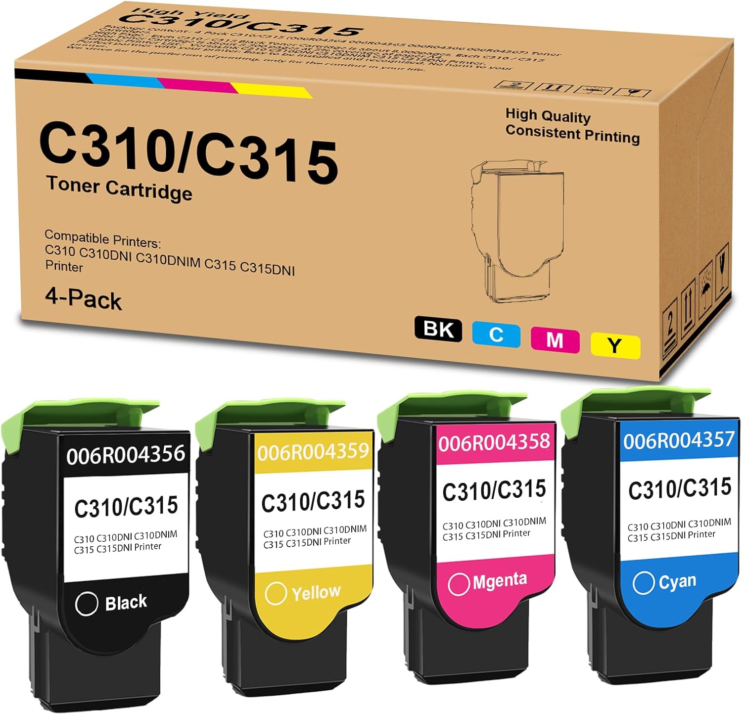 C310/C315 High Yield Toner Cartridges (4-Pack, BK/C/M/Y) Toner Cartridge Replacement for Xerox C310 C310DNI C310DNIM C315 C315DNI Printer 006R04364 006R04365 006R04366 006R04367 Toner
