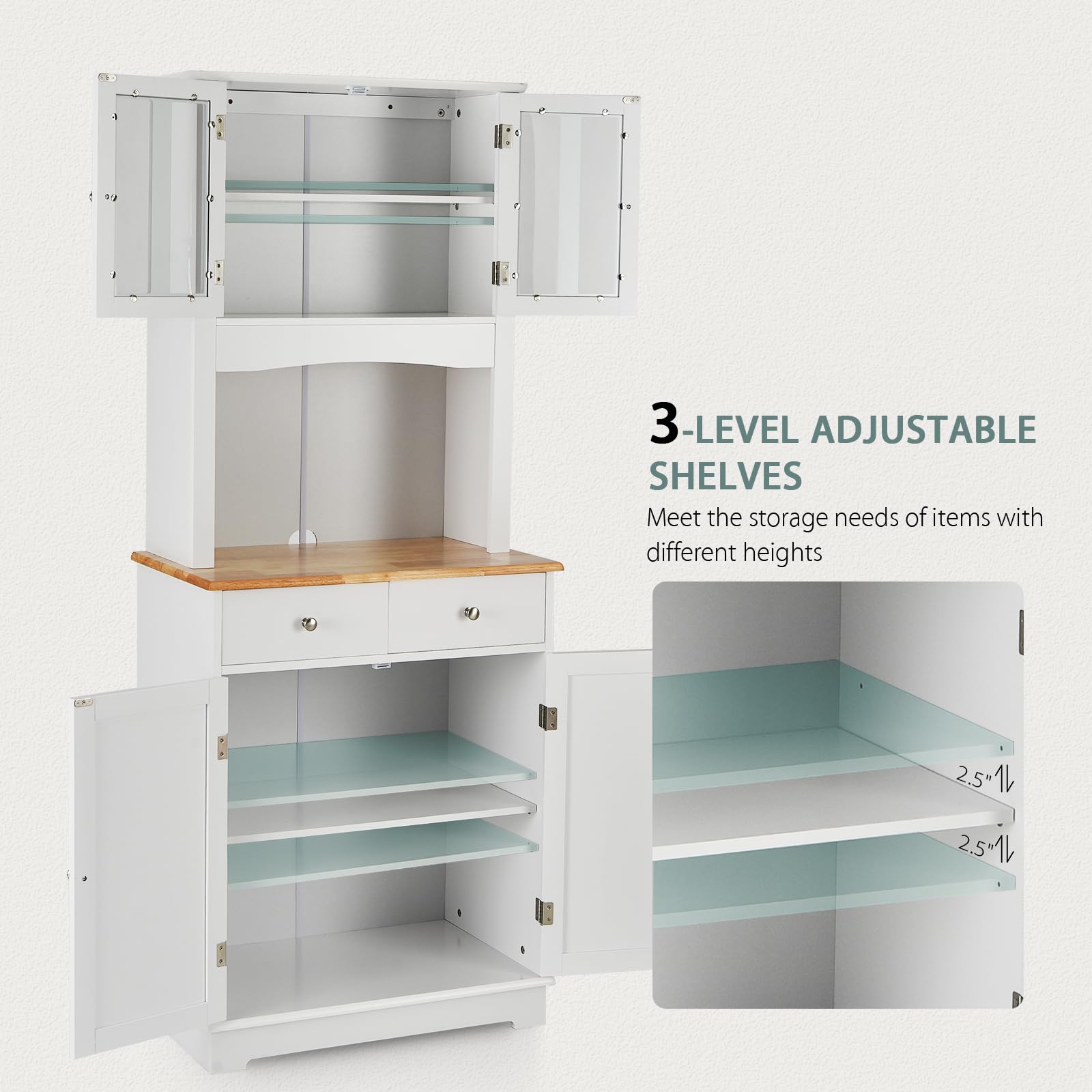 KOMFOTTEU Hoge buffetkast van hout met werkblad, 2 laden en verstelbare planken, opbergkast, deur 68,5 x 40,5 x 170 cm, wit QF56225FQ DE