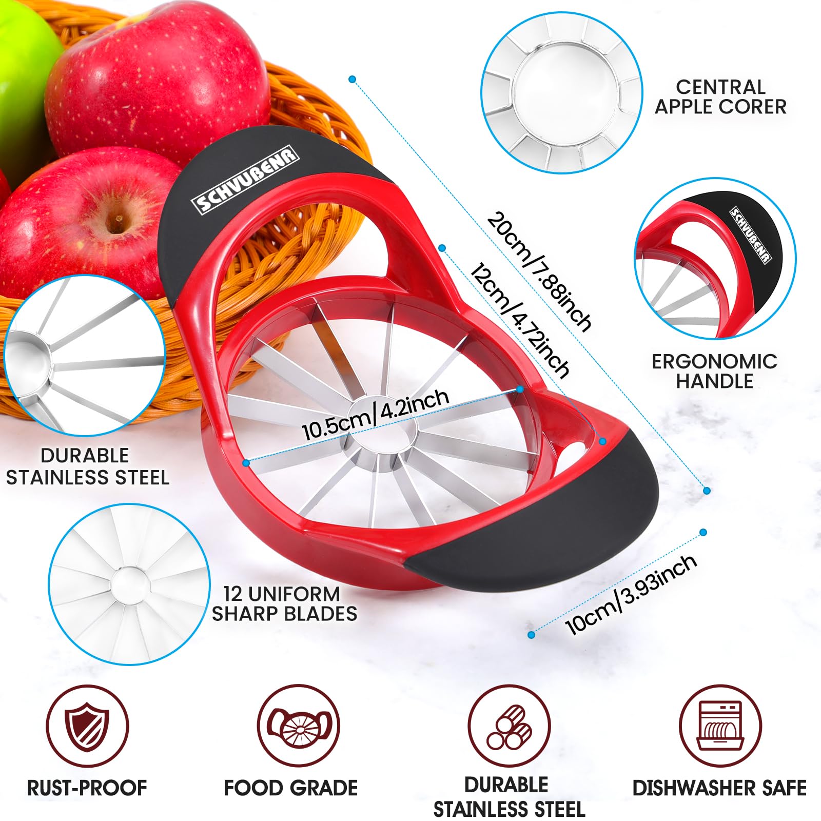 SCHVUBENR Large Apple Corer and Slicer, 4.72 Inch Apple Cutter Slicer with 12 Blades, Stainless Steel Apple Slicer - Image 3
