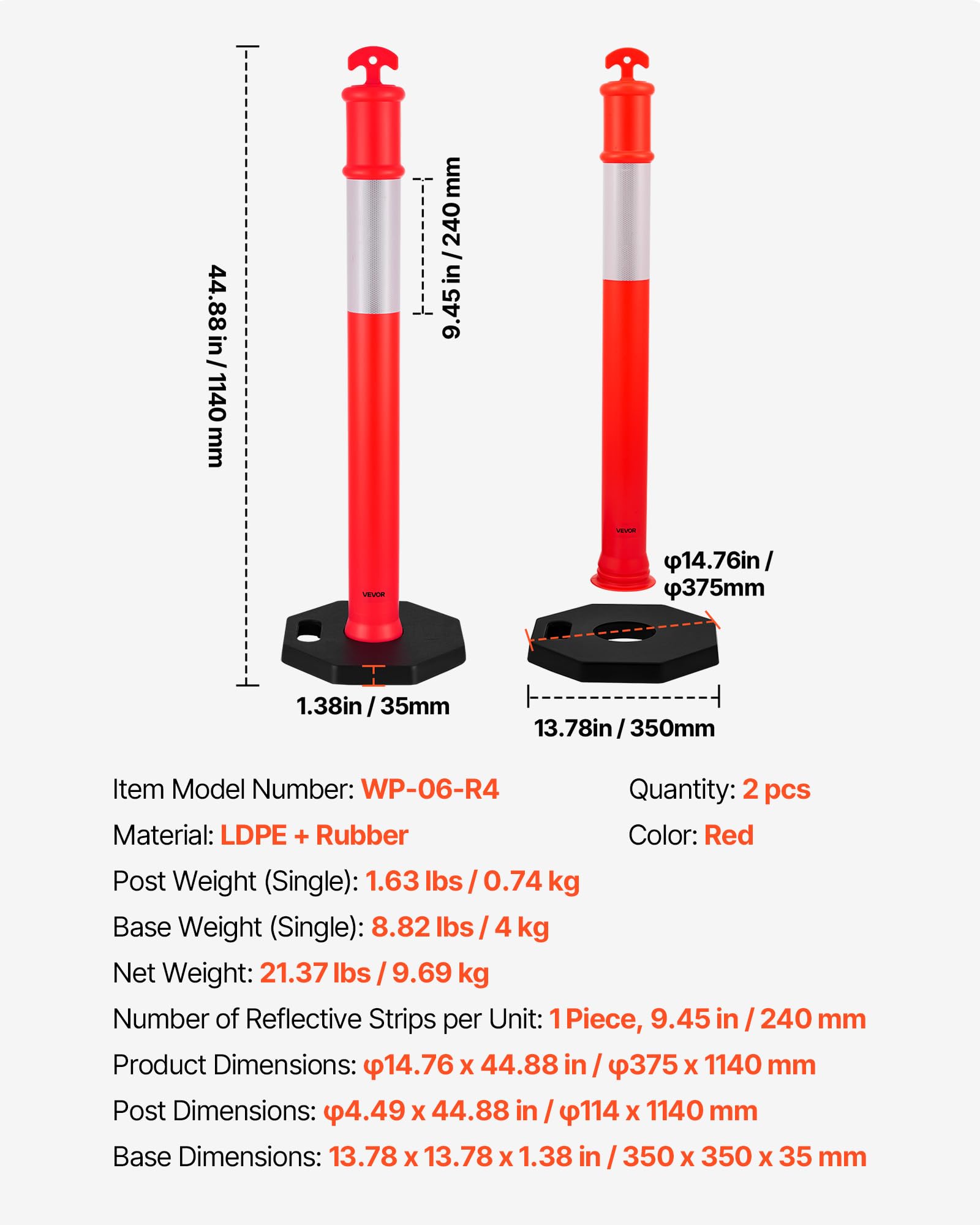 VEVOR Postes de Tráfico 2 Piezas Bolardo de Tráfico 1140 mm con Banda Reflectante y Base con Peso 350 mm Postes de Barrera Resistentes para Aparcamiento, Estadios Deportivos, Lugares de Exhibición
