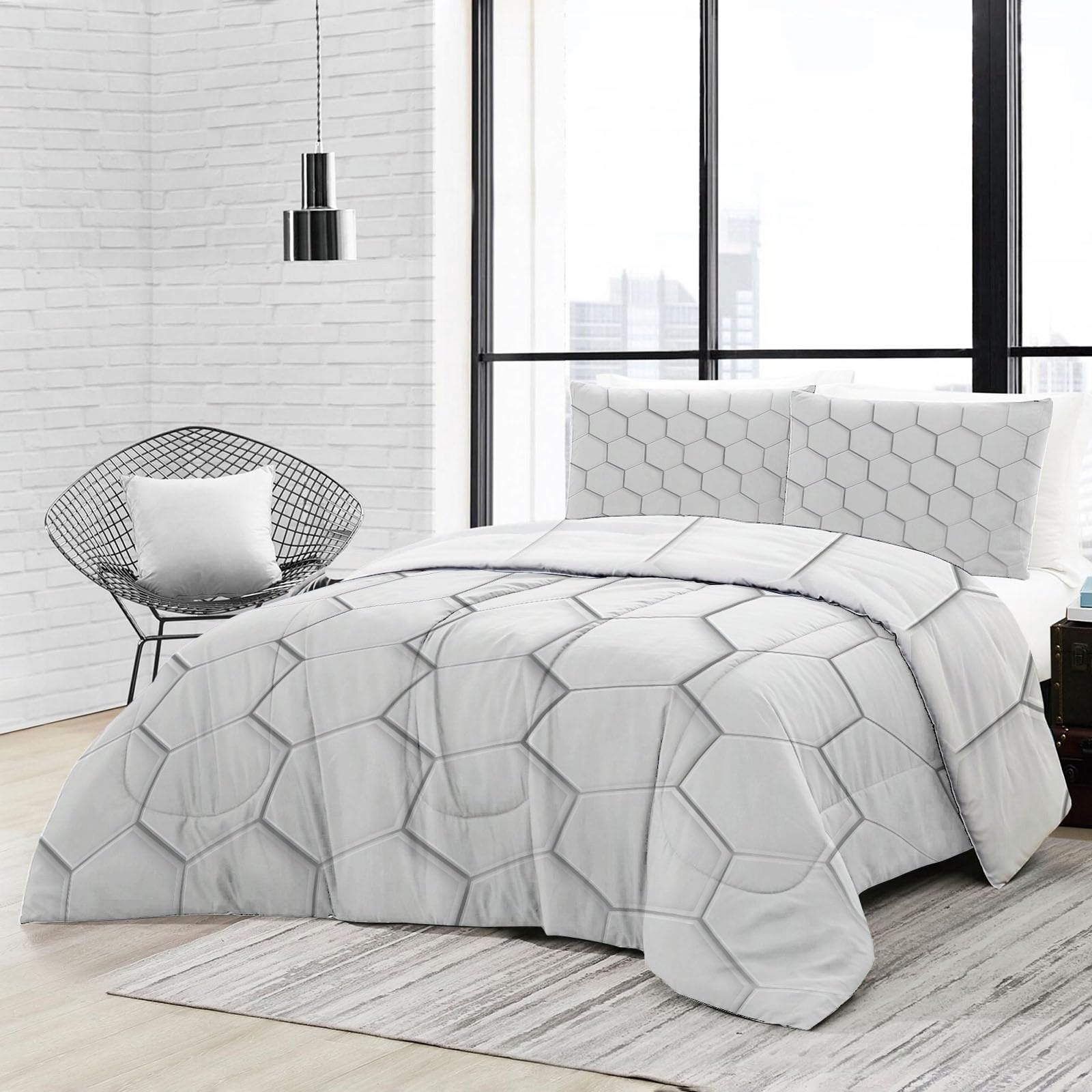 Dwustronna kołdra 200 x 200 cm biała na łóżko, ciepła lekka kołdra dla chłopców i dziewcząt, minimalistyczny geometryczny biały sześciokąt - Kołdra przeciw roztoczom zmywalna 4 pory roku