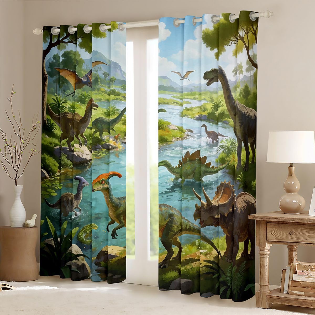 Manfei Rideaux de fenêtre pour enfants, thème animaux de la jungle, décoration de chambre à coucher, salle de jeux, rideaux de fenêtre dinosaures anciens, bleu vert, 2 panneaux, 117 x 137 cm (l x L)