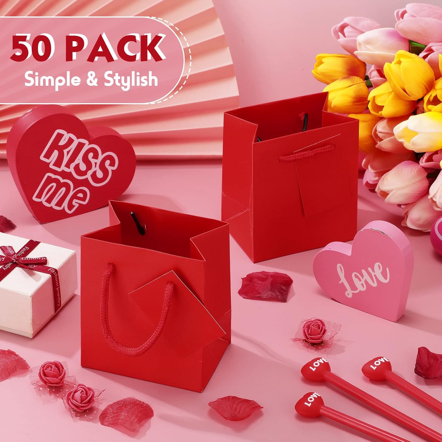 Zhehao 50 Pack Valentine's Day Mini Gift Bags Bulk 4x2.75x4.5 Tiny Extra Small Paper Thank You Gift Bags with Handles and Tags for New Year Birthday Party Favors Boutique Business(Red) - Image 5