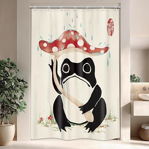 Miniatura 26 de LGhtyro Cortina de Ducha Divertida de Rana Juego de Baño 60Wx71H Pulgadas Retro Lindo Animal Asiático Estilo Tradicional Japonés Fideos Sombrero de