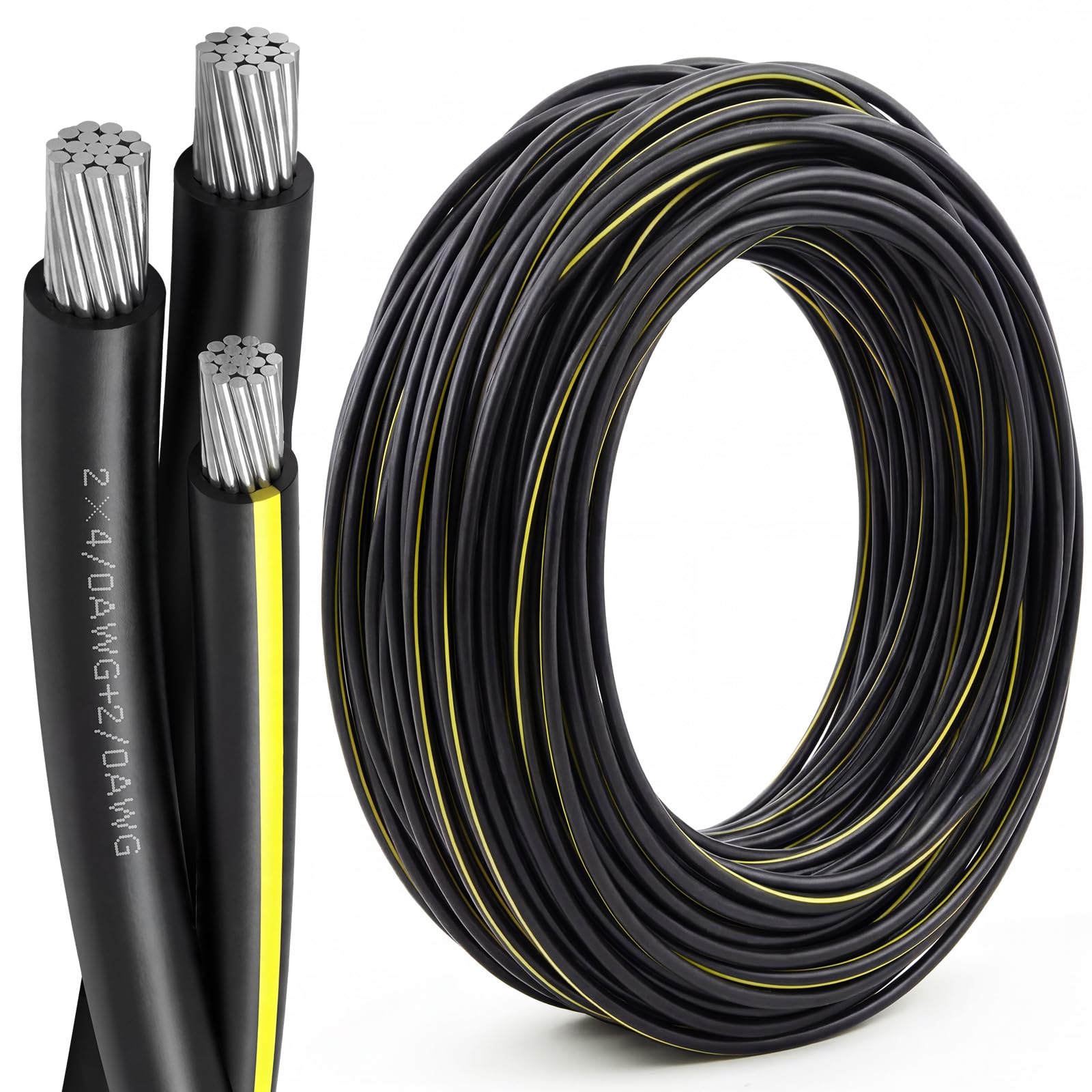 Photo 1 of BreezeHug 100Ft 4/0-4/0-2/0 Aluminum URD Direct Burial Cable, 3-Conductor 600V, 19-Strand, XLPE Insulation Service Cable, Direct Burial Wire for Outdoor& Conduit