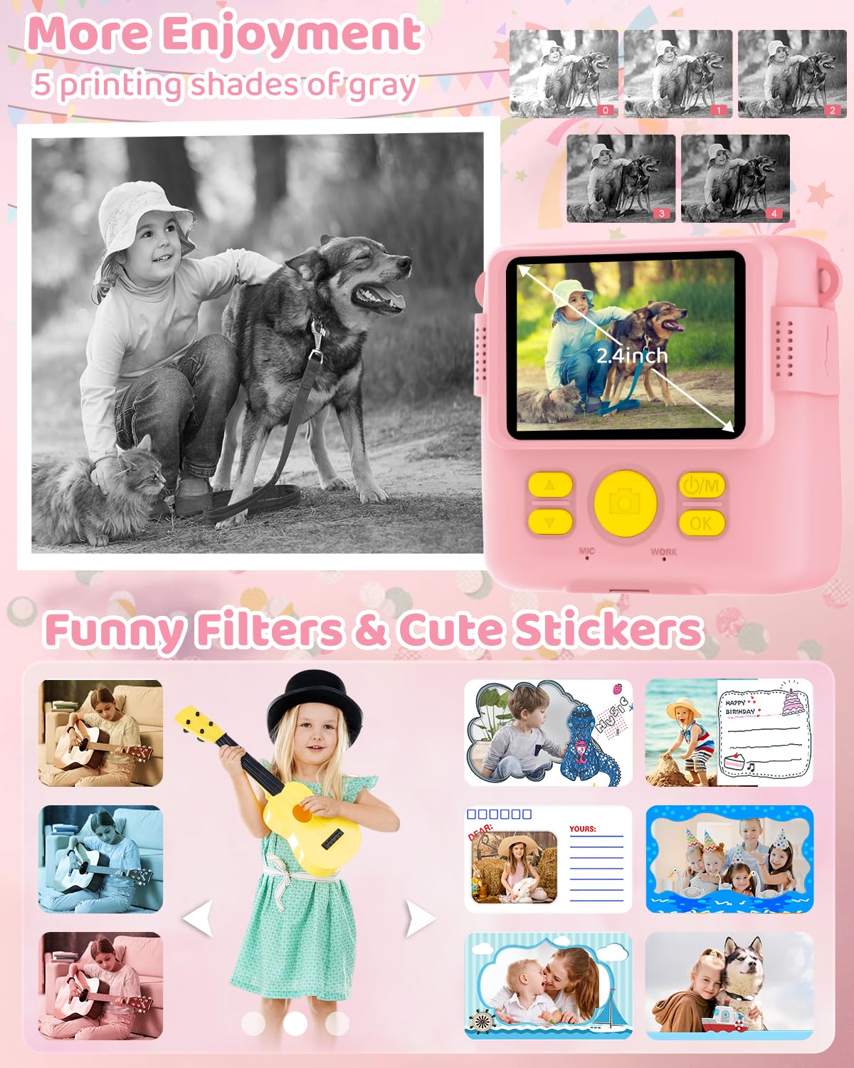 Cámara de impresión instantánea para niños con 3 rollos de papel de impresora, cámara digital 1080P para niños de 3 a 12 años con tarjeta SD de 32 GB, regalos de Navidad y cumpleaños para niñas y