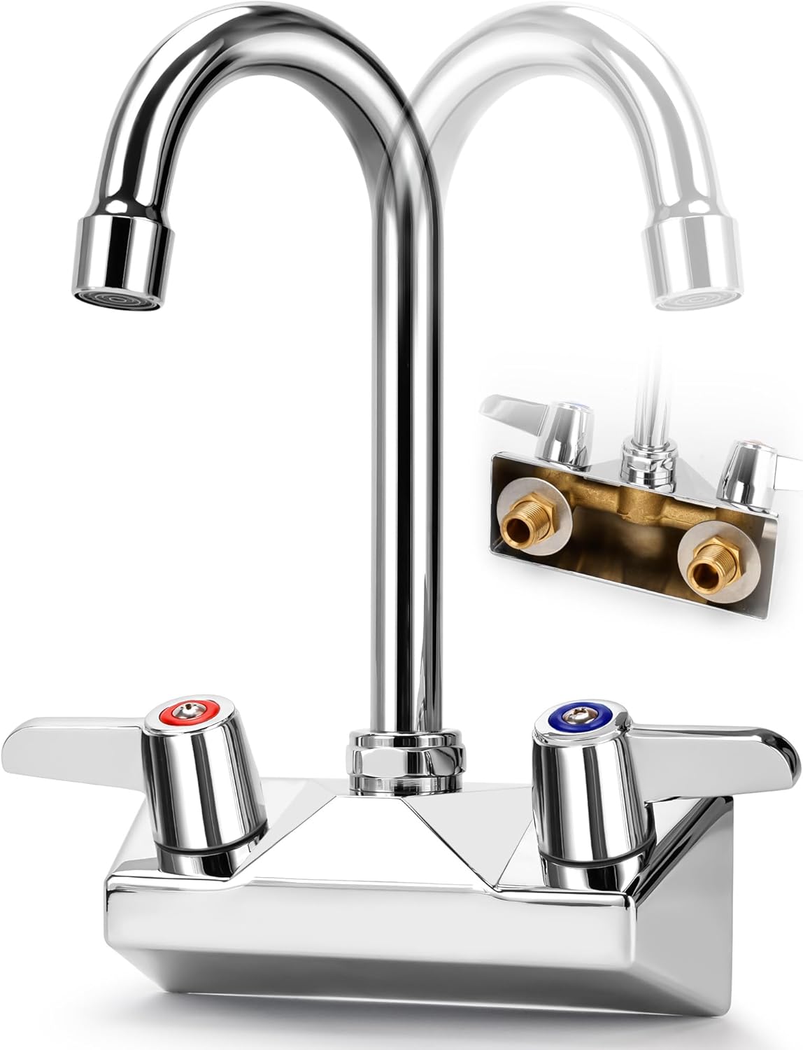 4 Inch Center Kitchen Sink,Commercial Sink Faucet,Brass Kitchen Faucet,Wall Mount Kitchen Faucets，Dual Lever Handles，with 3-1/2" Gooseneck Spout