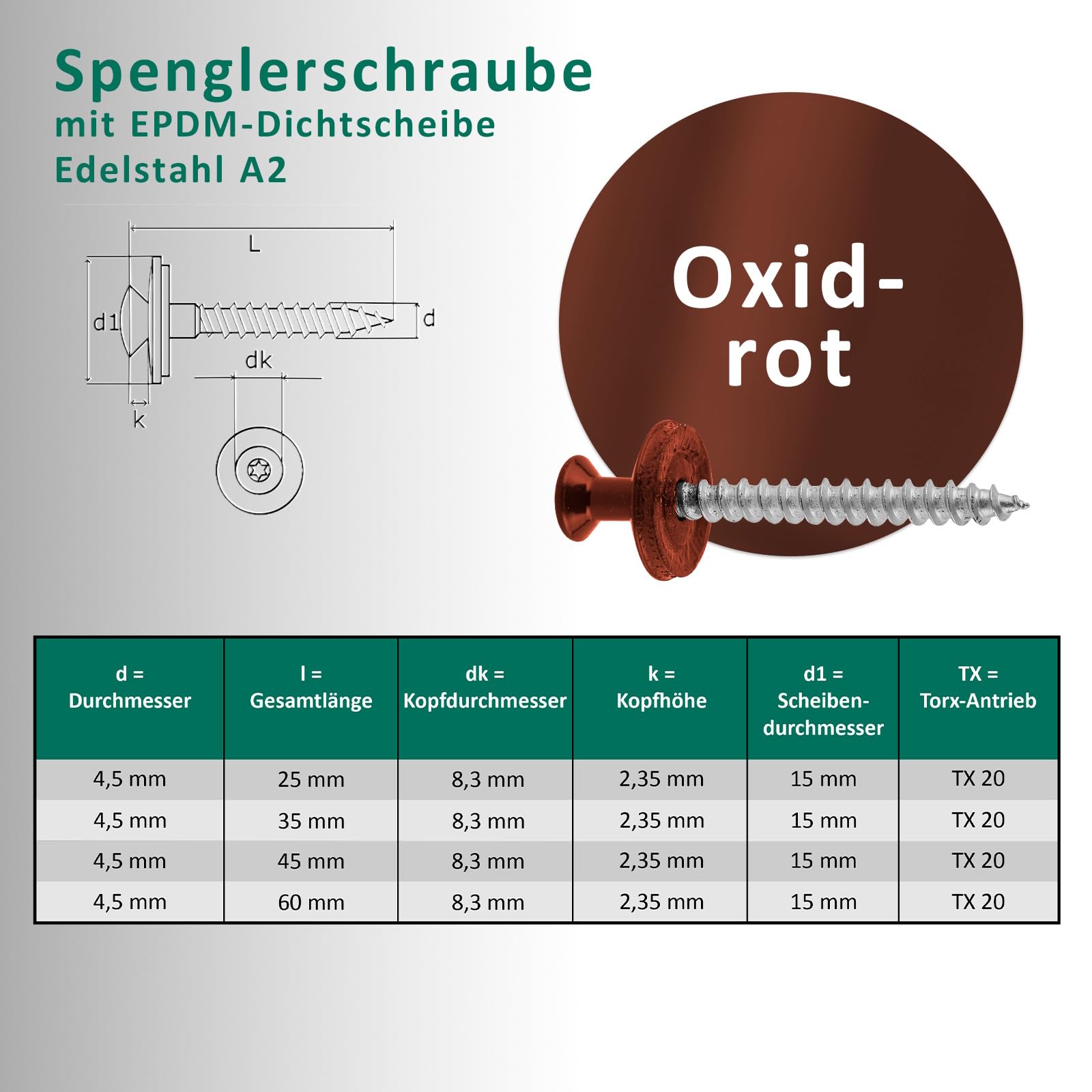 DSM Tornillos de fontanería rojo óxido 4,5 x 45 mm, acero inoxidable A2, lacado RAL 3009, con arandela de sellado EPDM (15 mm), accionamiento TX, similar a DIN 7995/DIN 9171, 100 unidades
