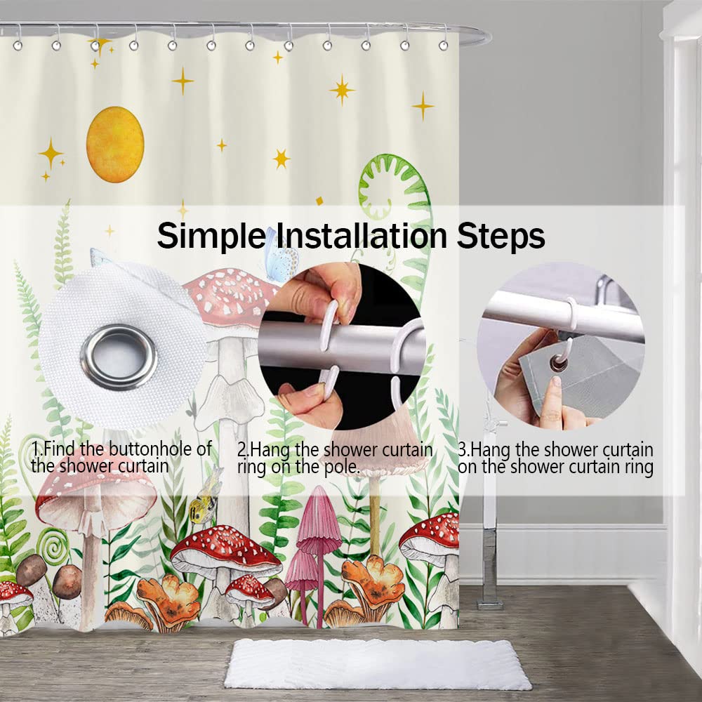EOBTAIN Mushroom Shower Curtain - Boho Retro Design, Waterproof 69x70 Inch With 12 Hooks - View #2