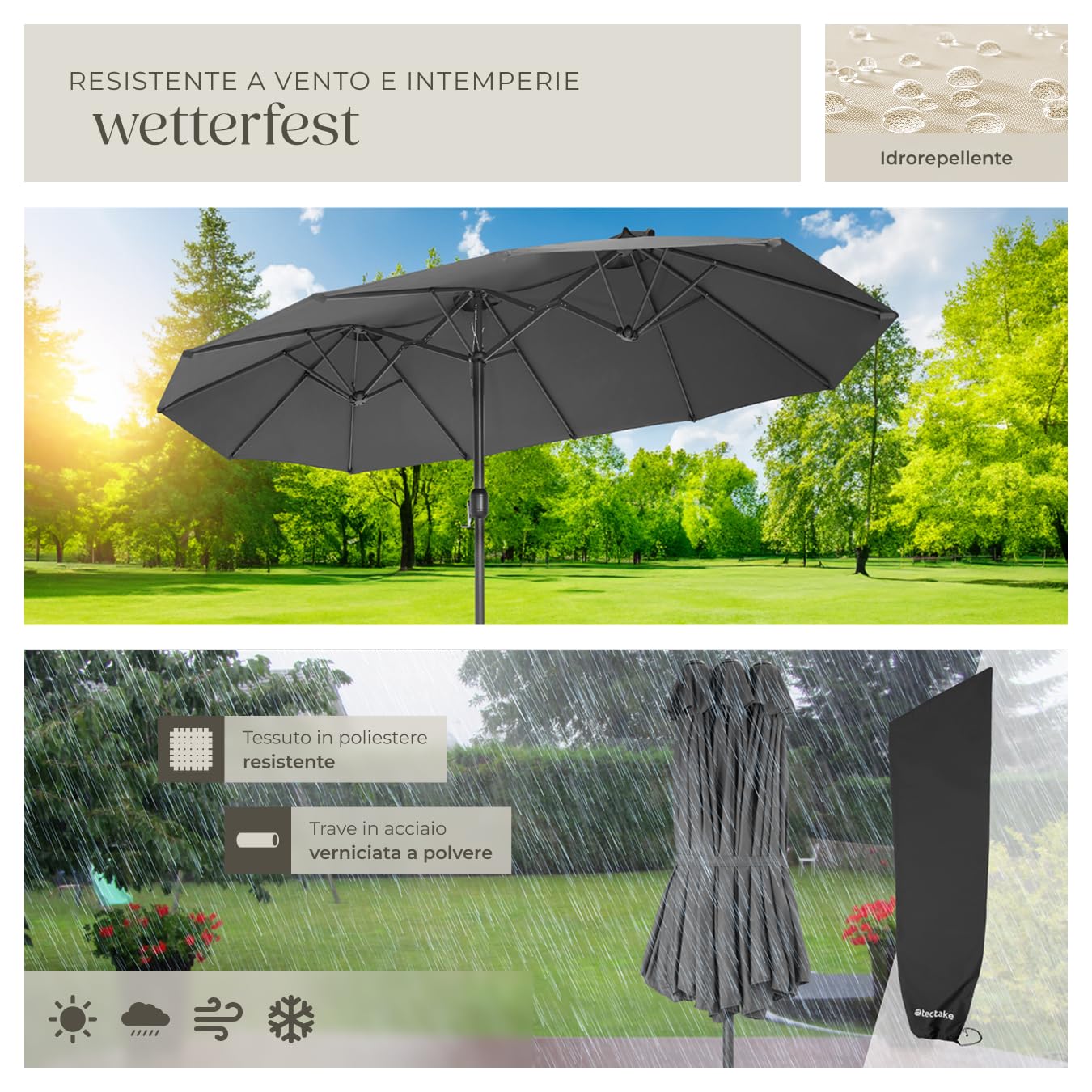 tectake® Ombrellone da Giardino Doppio con Albero di Sostegno e 3 Tettucci, Ombrellone da Esterno Idrorepellente, Resistente ai Raggi UV, Resistente al Vento, Ripiegabile