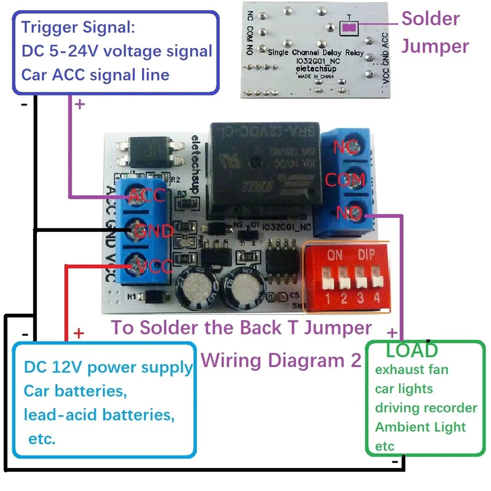 Módulo de interruptor de retardo de apagado de coche de 1 canal, 12 V CC, temporizador de coche, relé de tres contactos NC, COM y NO(With Shell)