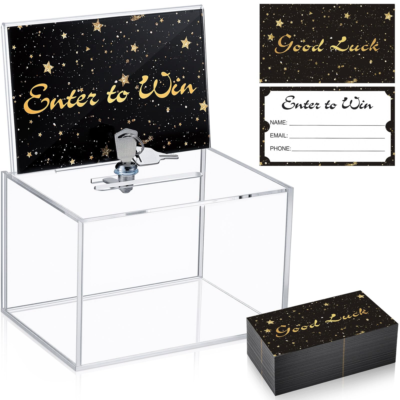 Beeveer 1 Pcs 6.3 x 4.4 x 4 Inch Acrylic Raffle Box with Lock 200 Pcs Raffle Tickets Cards Ticket Box with Sign Holder Suggestion Storage with Slot Clear Donation Collection for Vote