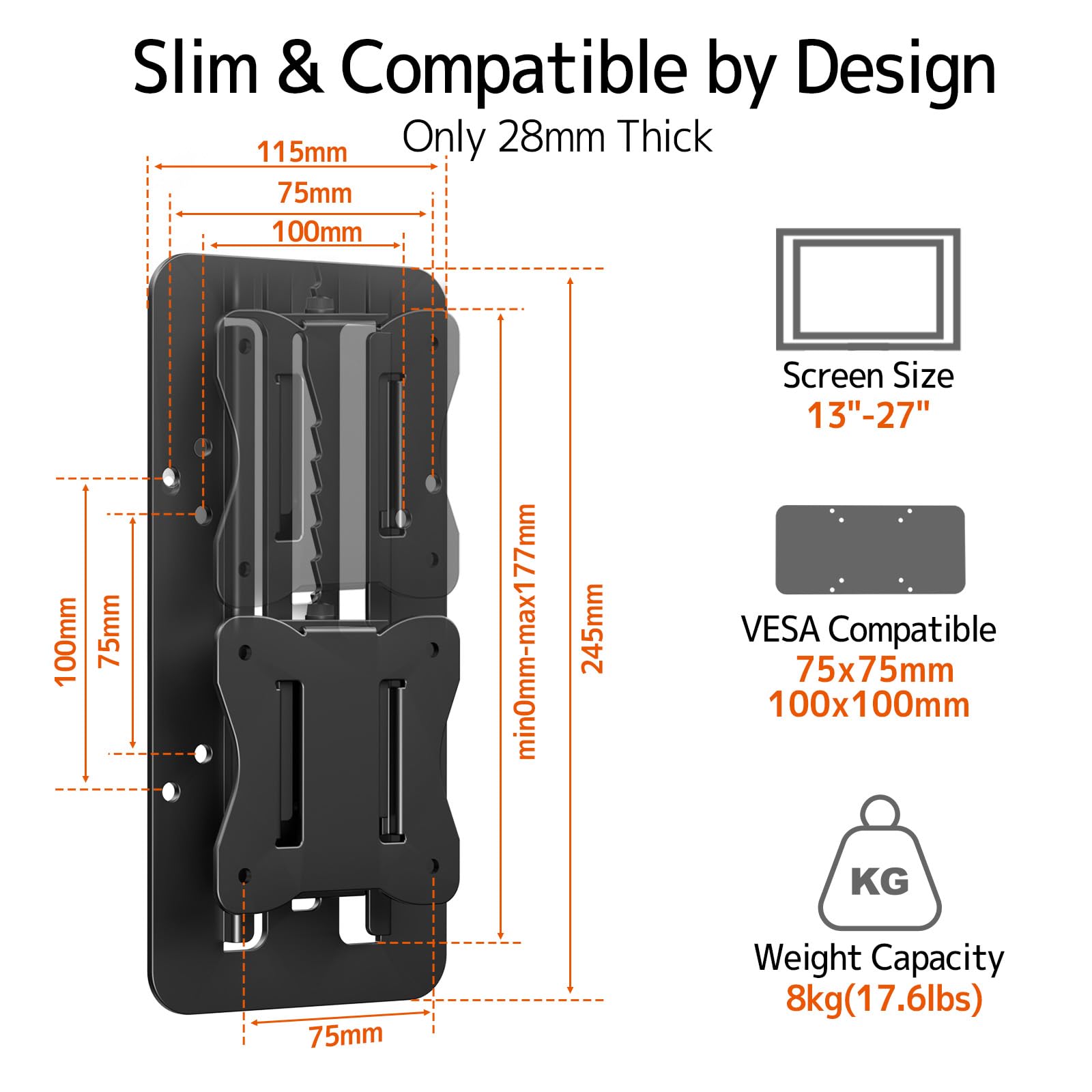 Adapter VESA z regulacją wysokości do monitorów 13-27 cali, Max. 8 kg | Uchwyt VESA z regulacją pionową 15 cm, kompatybilny z VESA 75x75/100x100 mm, czarny