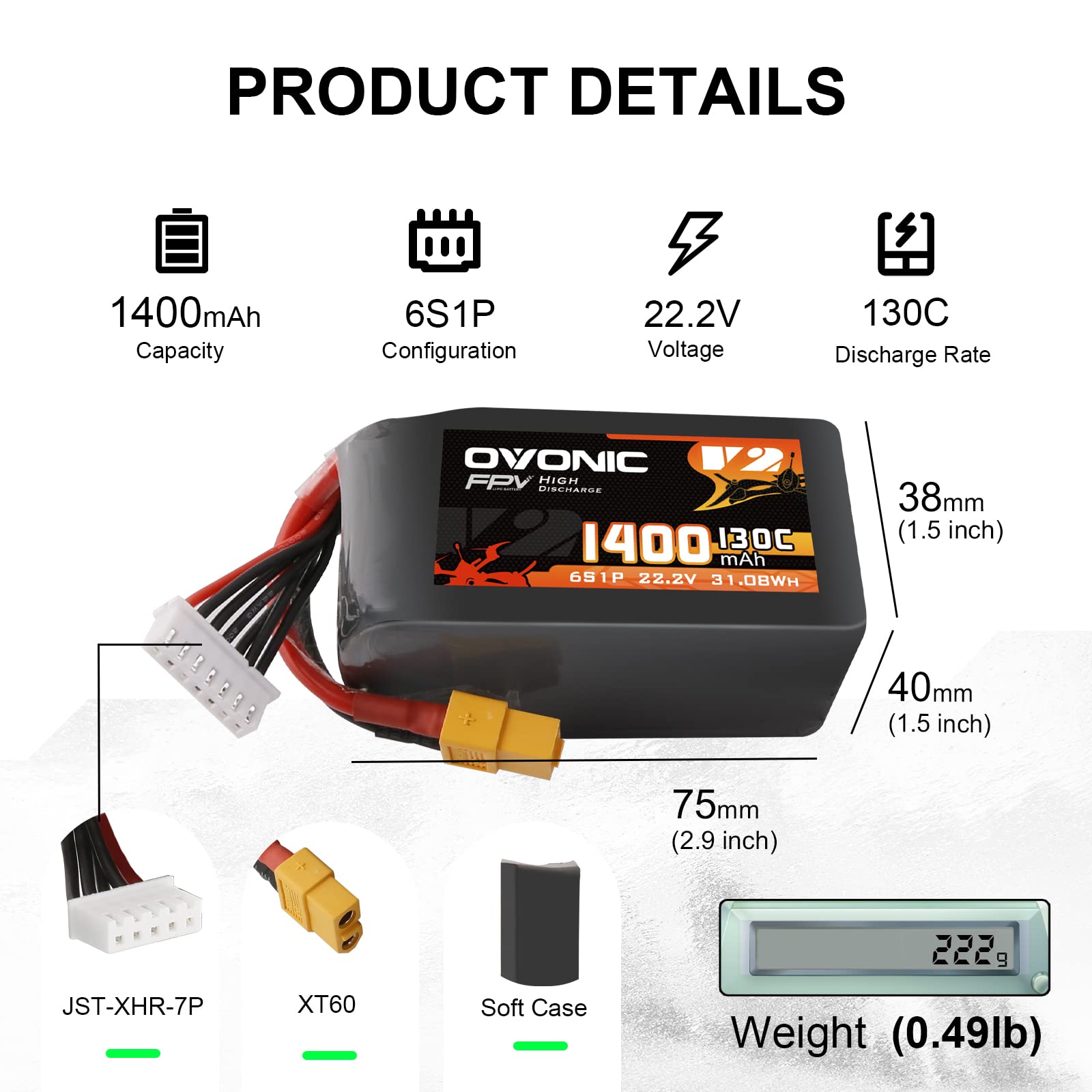 OVONIC Batería de polímero de litio para helicóptero teledirigido FPV, avión, Quadcopter, Hobby Racing (6S, 1400 mAh, 22,2 V, 130 C, con conector XT60)
