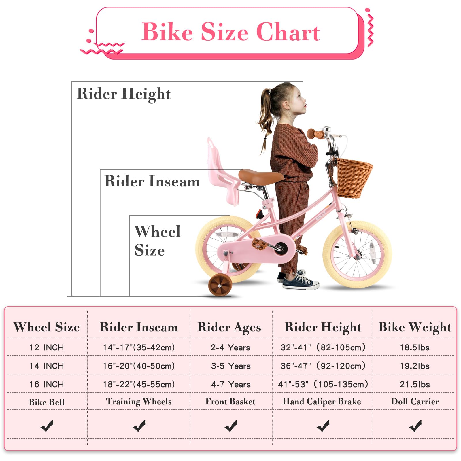 RULLY Donna Vélo Enfant 12 14 16 Pouces Fille 2-7 Ans – Vélo Princesse avec Siège Poupée, Petites Roues, Panier et Rubans – Multicolore