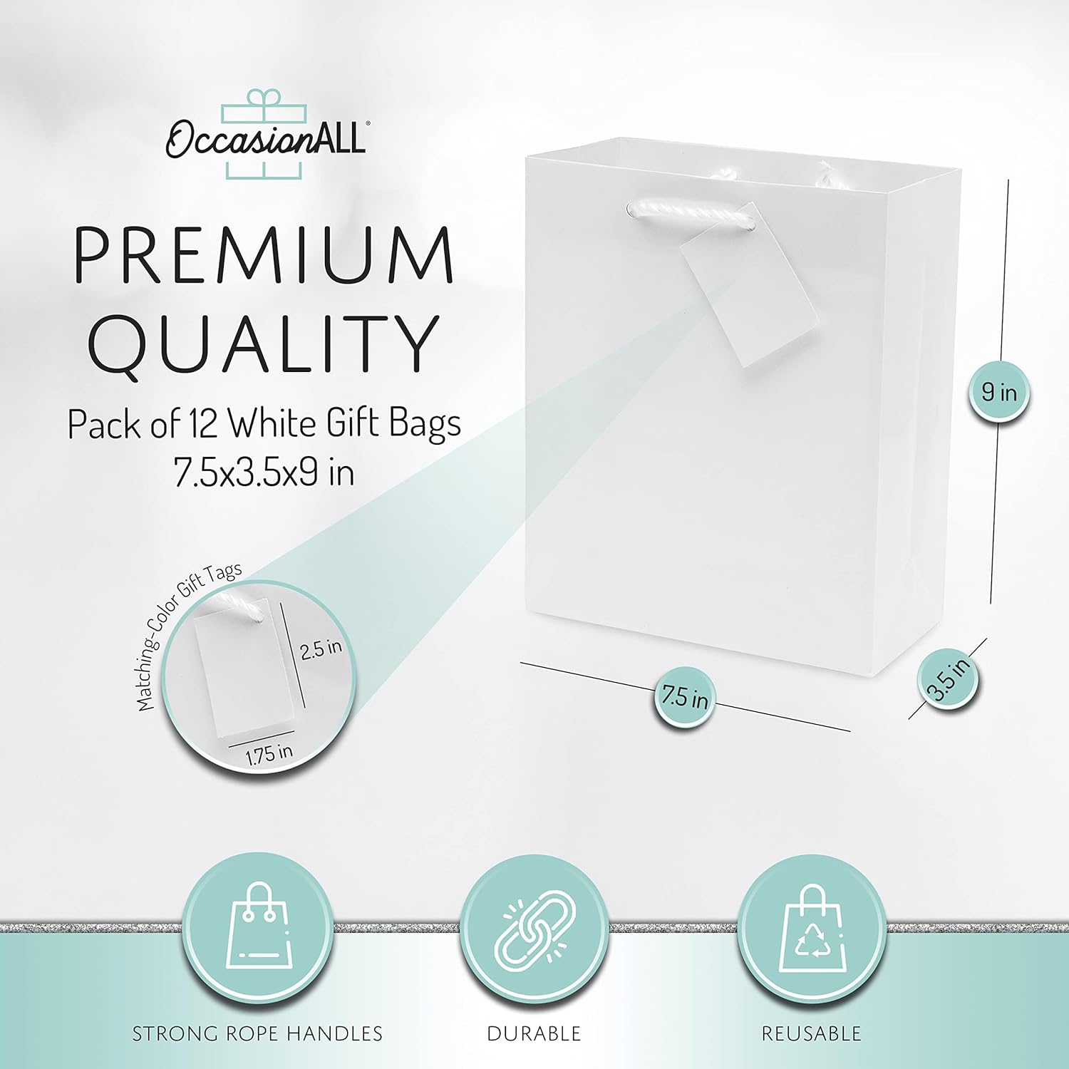 OccasionALL White Gift Bags, Glossy Paper Bags Medium with Handles for Holiday Wrap, Weddings, Baby Showers, Party Favors, Bulk, 7.5x3.5x9, 12 Pack - Image 3