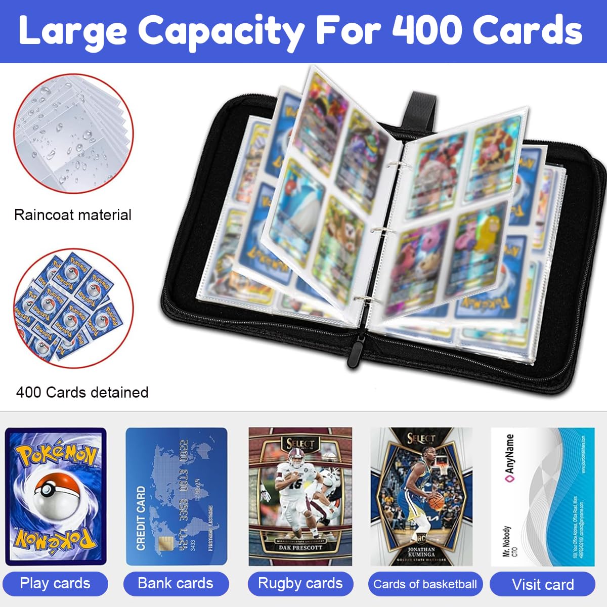 PATPAT 400-Pocket Football Card Binder, Kids, Waterproof PU Zipper 3