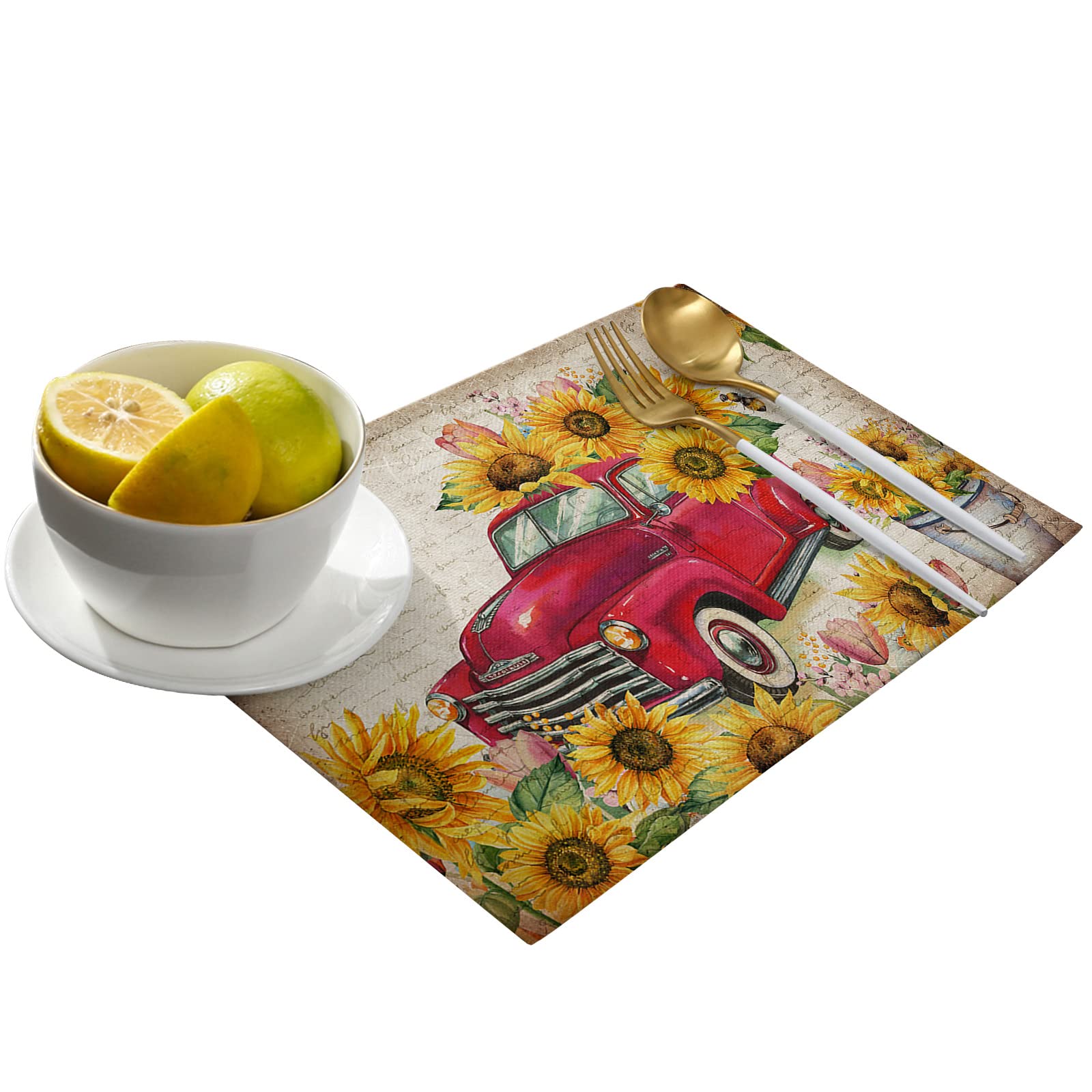 Sunflower Placemats, Red Truck Placemats for Dining Table, Farmhouse Decor Floral Placemats Set of 6, Heat-Resistant Washable Place Mats, Kitchen Table Mats for Party Sunflower Kitchen Decor Placemats