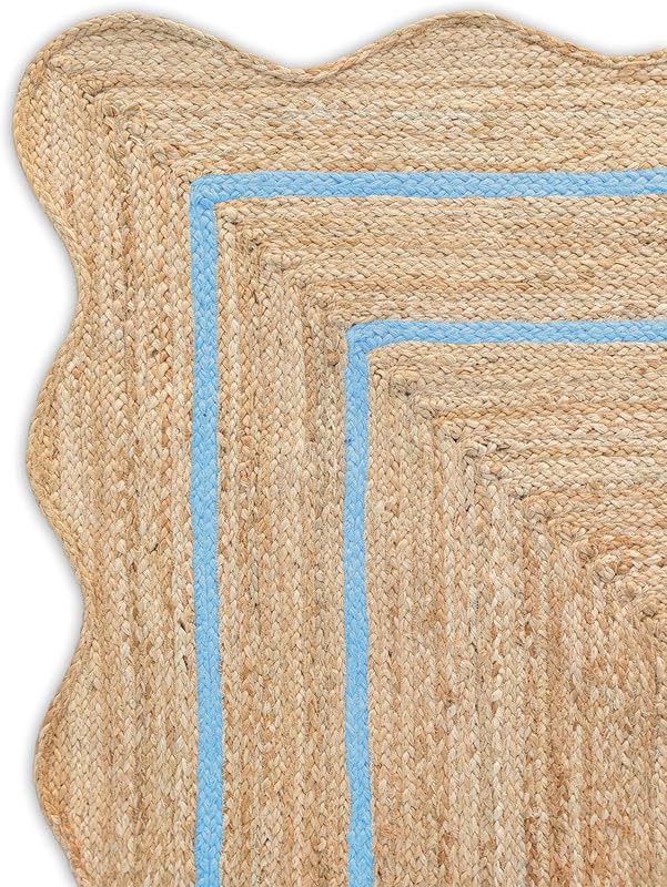 Tapis en jute festonné naturel fabriqué à la main pour salon, chambre à coucher, entrée | Tapis de sol rustique durable | Décoration d'intérieur bohème – 1,2 x 3,7 m – Bordure bleu ciel