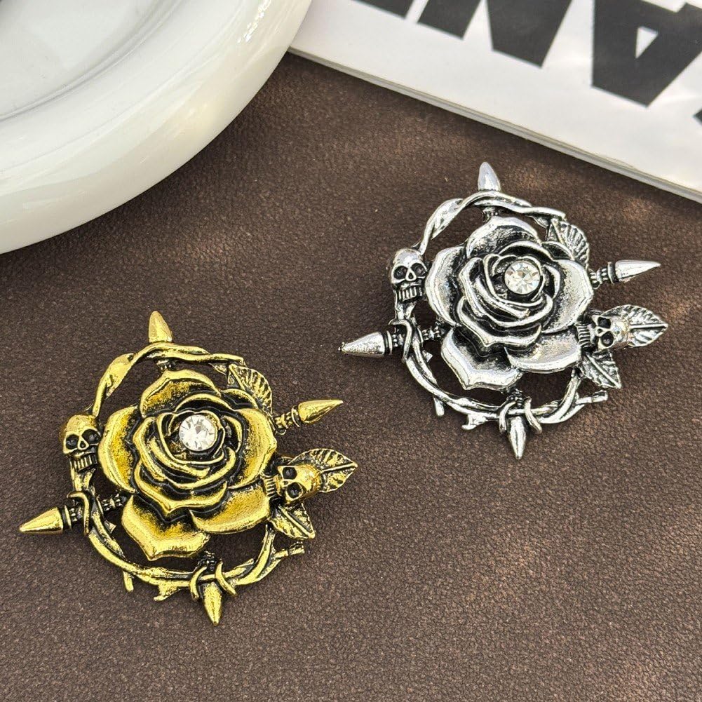 Broche Gótico De Calavera con Rosa, Pines De Solapa Vintage Antiguos con Diamantes De Imitación Y Flores para Mochilas, Sombreros, Bolsos Y Joyas. Regalo. — view 2