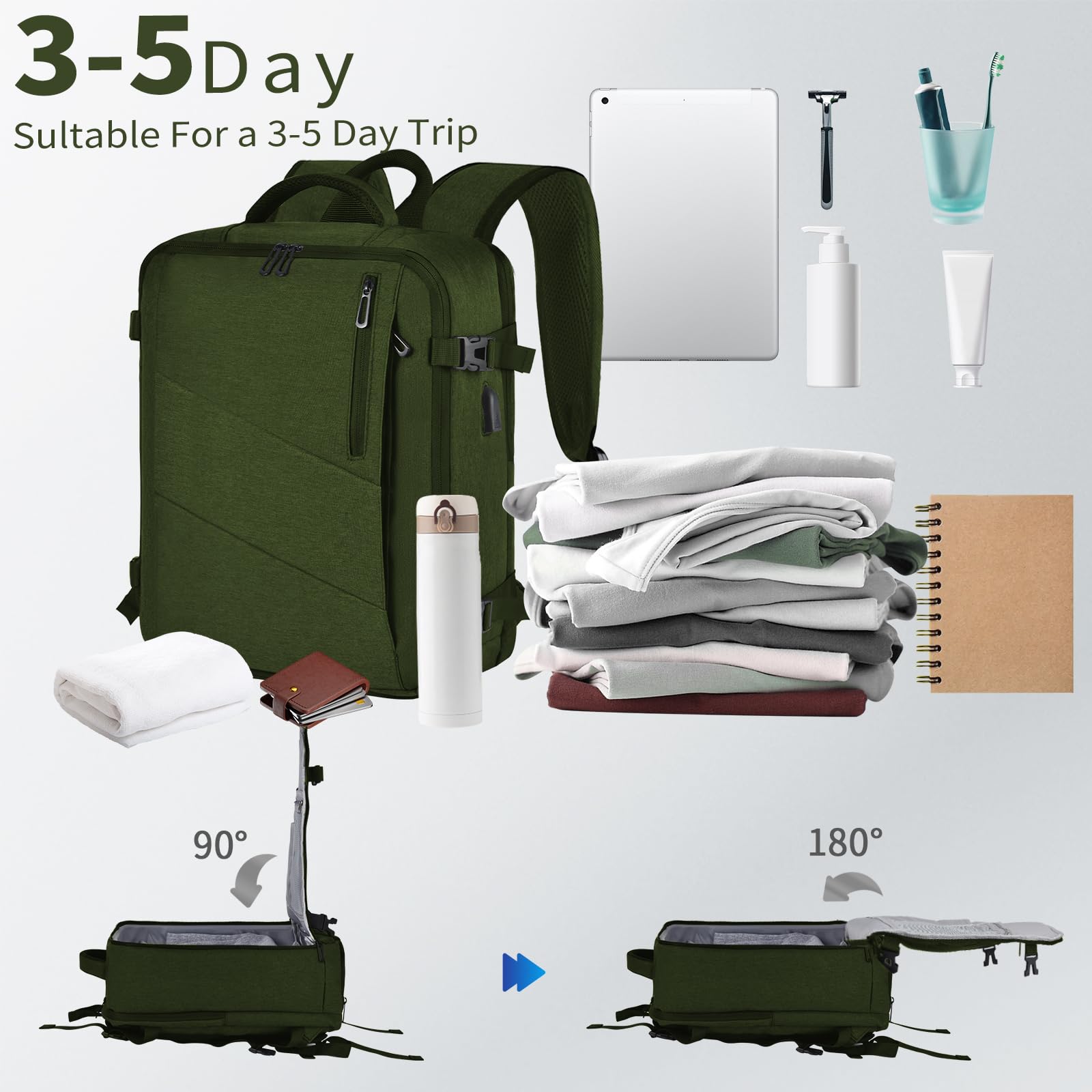 Leyrica Zaino da Viaggio per Easyjet 45x36x20, Bagaglio a Mano Borsone Cabina Zaino per Viaggiare in Aereo per Laptop Daypack Casual Zaino Università Zaino (Verde)