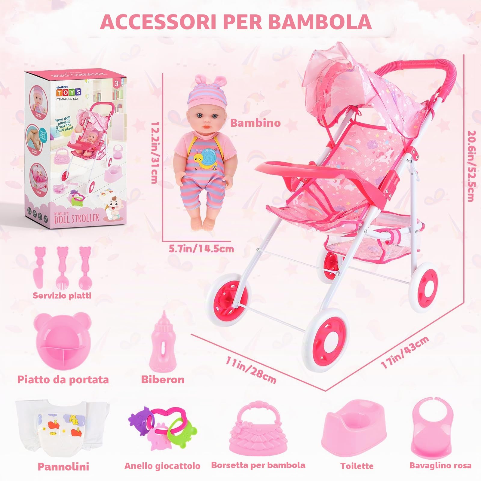 deAO Bambola bebé e Passeggino Giocattolo Set | 12" Bambolotto Bambina e Accessori con Baby Dolls Carrozzina, Funzione per Bere e Bagnare, Regalo per Bambini 3+ Role Play