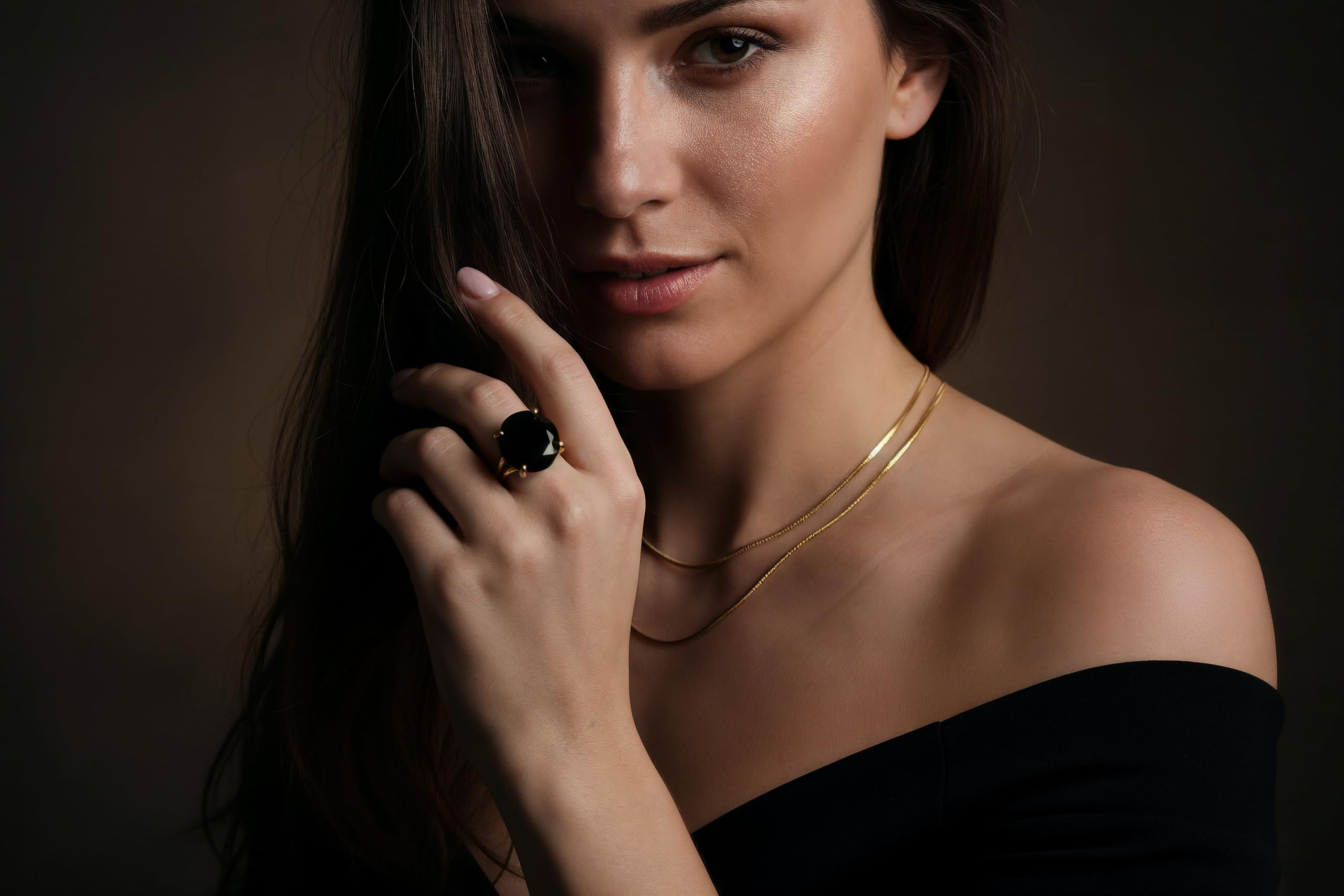 Anillo de Ónix Negro de 16MM - Anillos de Oro de 14k para Mujeres - Anillos de Piedras Preciosas para Mujeres, Anillos de Moda, Anillos para el Día a Día - Anillos Hechos a Mano