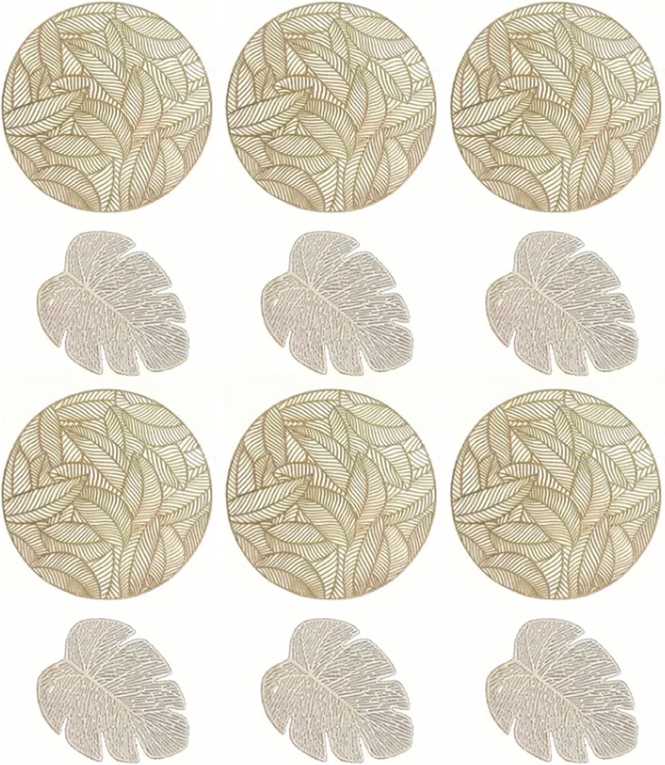 Placemats and Coasters Hollow Insulation 6 Pcs Round Dining Table Placemats and 6 Pcs Leaf Shape Cup Coaster (Gold)