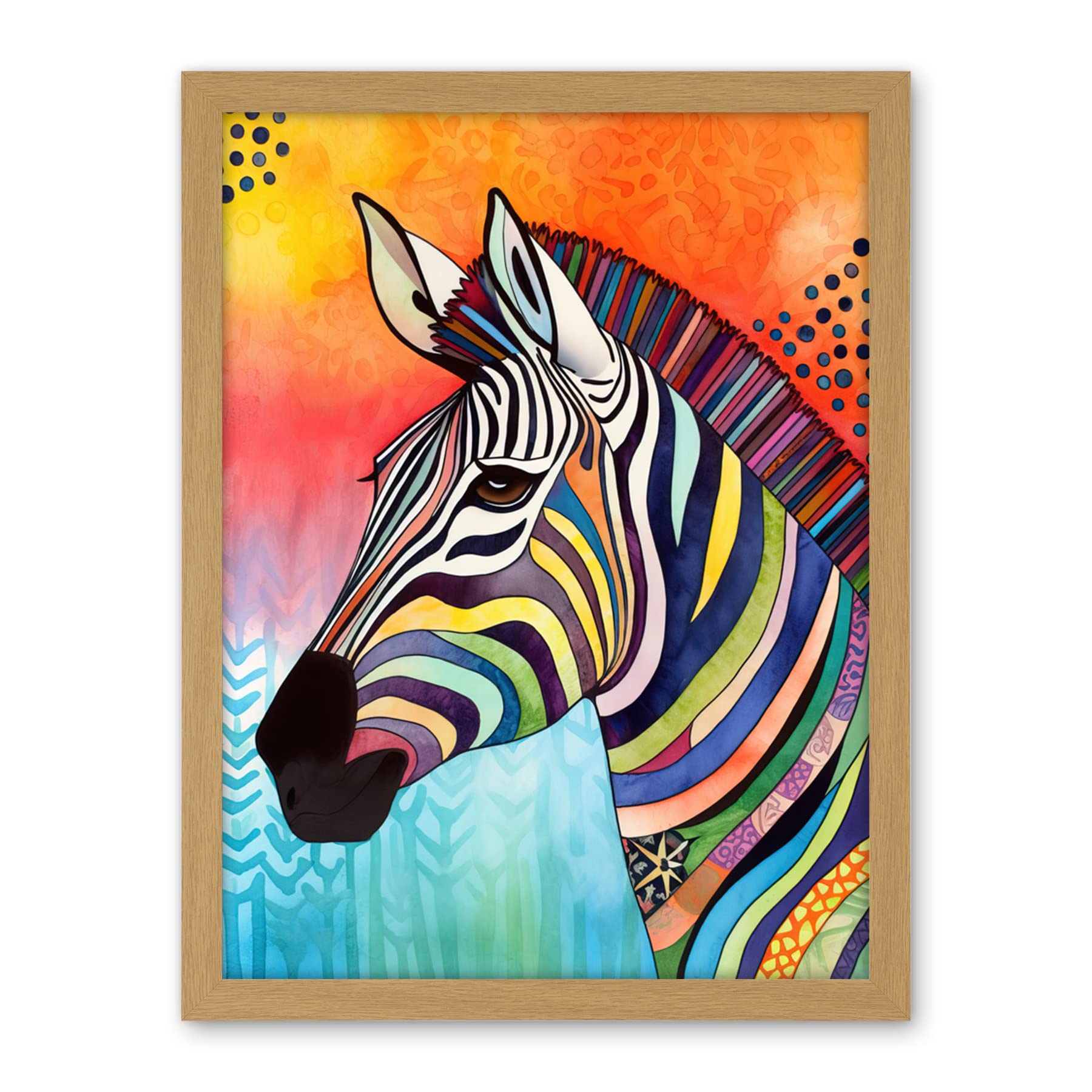 Artery8 Zebra Folk Art Bright Multicoloured Artwork Framed Wall Art Print 18X24 Inch