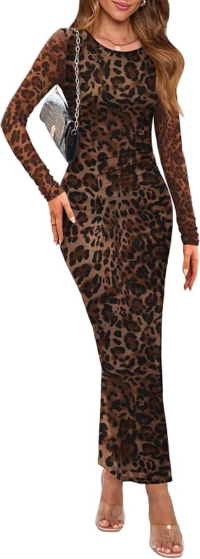 Women's Bodycon Maxi Dress Fall Fashion Long Sleeve Floral Print Tight Fitted Party Club Ruched Dresses