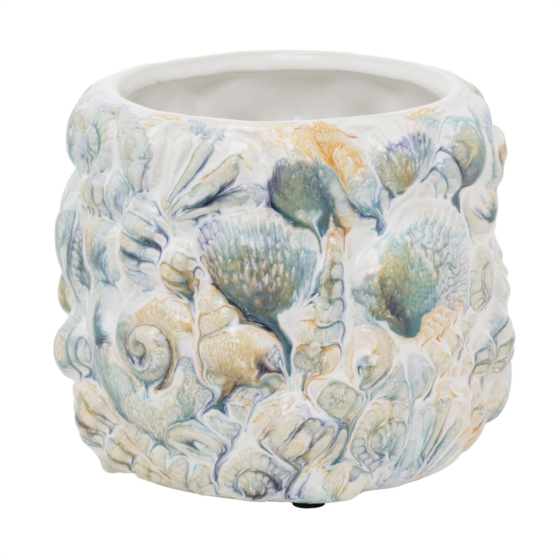 Shell Embossed Planter, 15cm White Ceramic Nautical Indoor Cache Pot