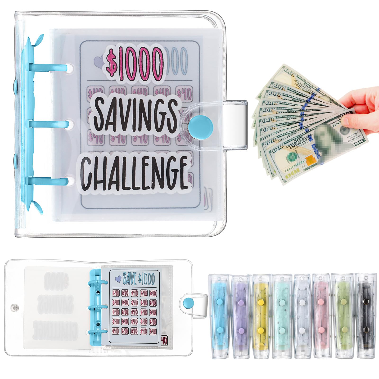 Jetec 1 Pcs 1000 Mini Money Saving Binder Money Saving Challenge Book with Envelopes for Budgeting Cash Planner School Class Christmas Prize Gift (Blue)