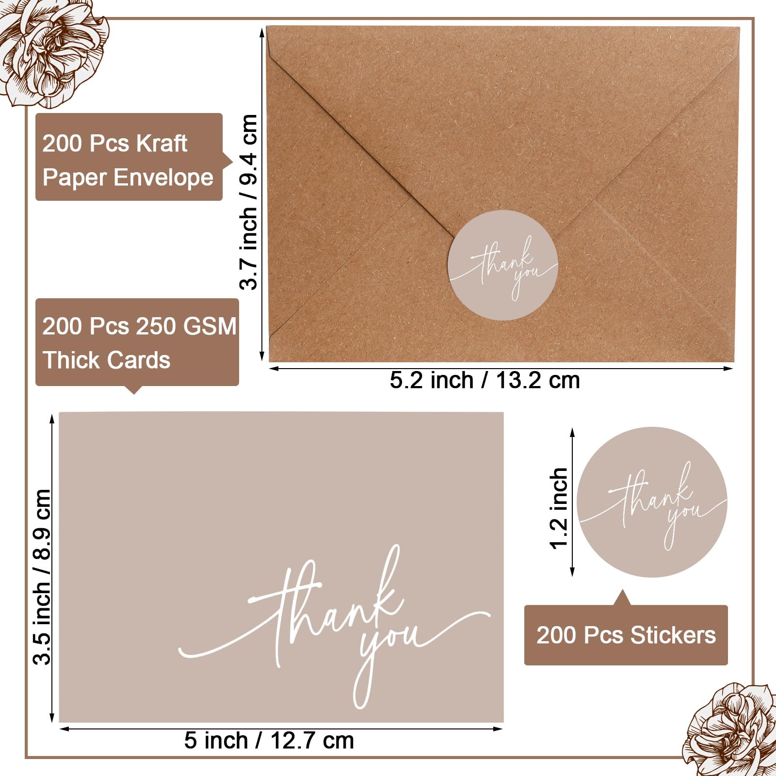 Gueevin Lot de 200 cartes de remerciement avec enveloppes en kraft et autocollants, 8,9 x 12,7 cm, notes de remerciement vierges élégantes pour mariage, affaires, remise de diplôme, fête prénatale