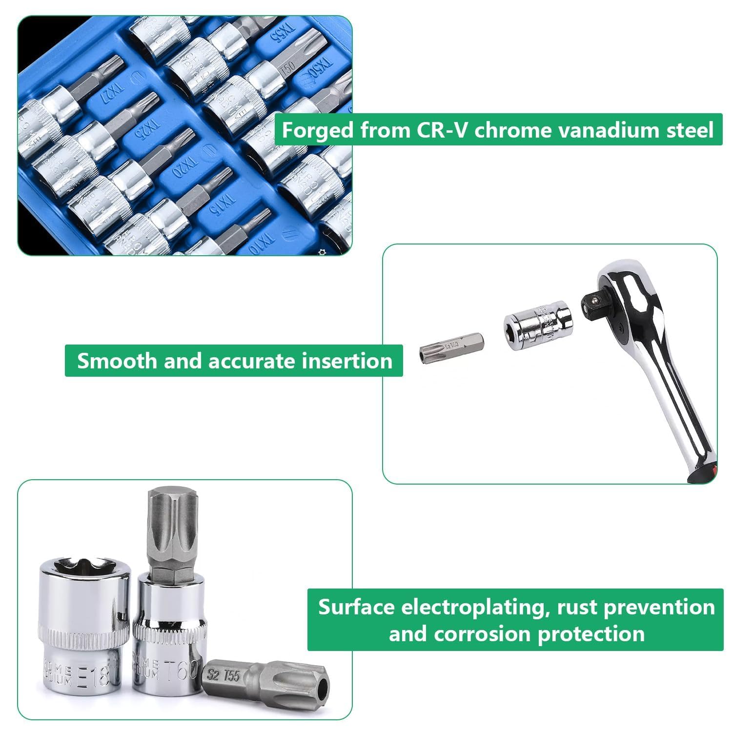 Lot de 34 douilles Torx femelles robustes, jeu de clés à douille avec cliquet, inserts Torx pour clés femelles multifonctionnelles