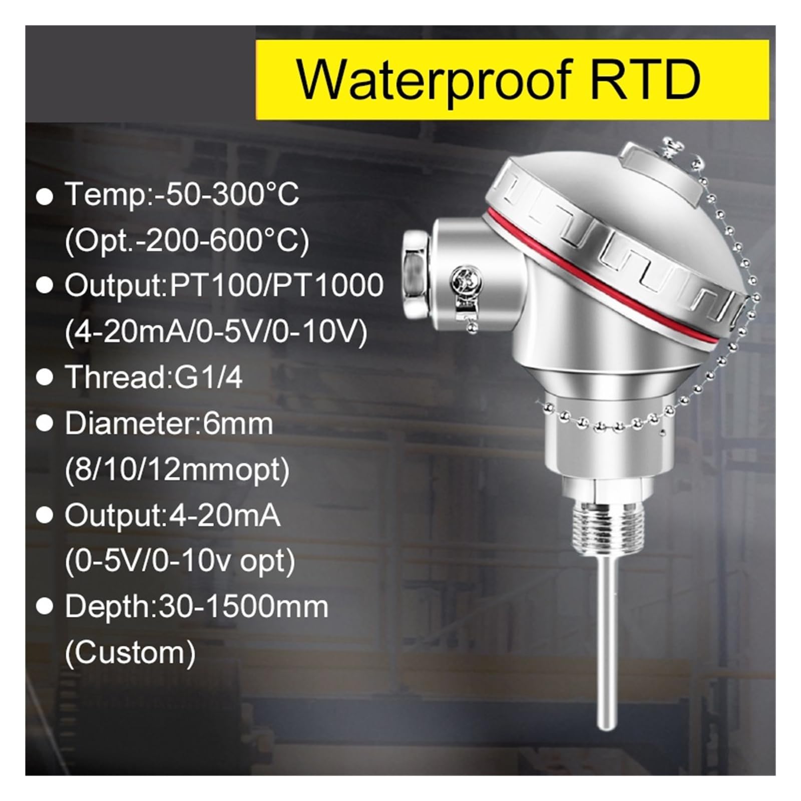 Sensor de Temperatura, Sensor RTD PT100, sonda Industrial integrada Acero Inoxidable con Rosca(250 mm)