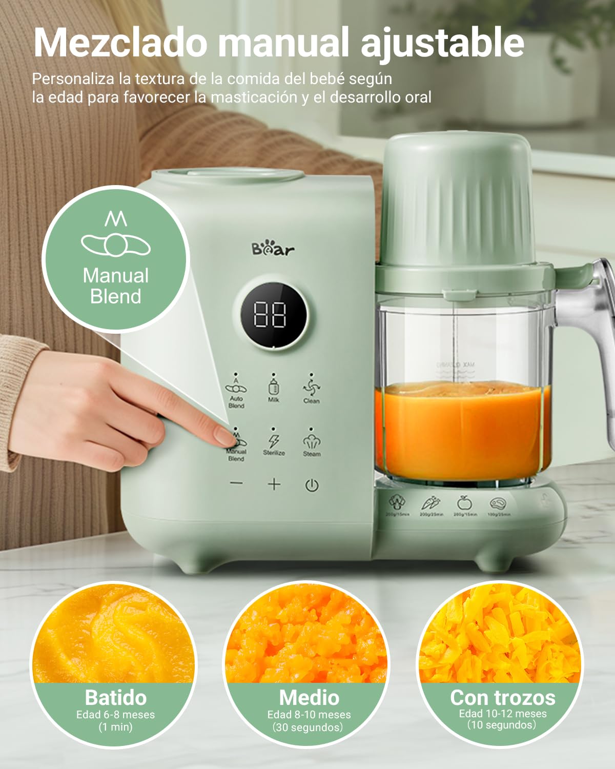 Bear Vaporera 6 en 1 con batidora premium para alimentos para bebés, vapor, agitación automática, calentamiento de leche, desinfección, función de autolimpieza, función de limpieza automática (Verde)