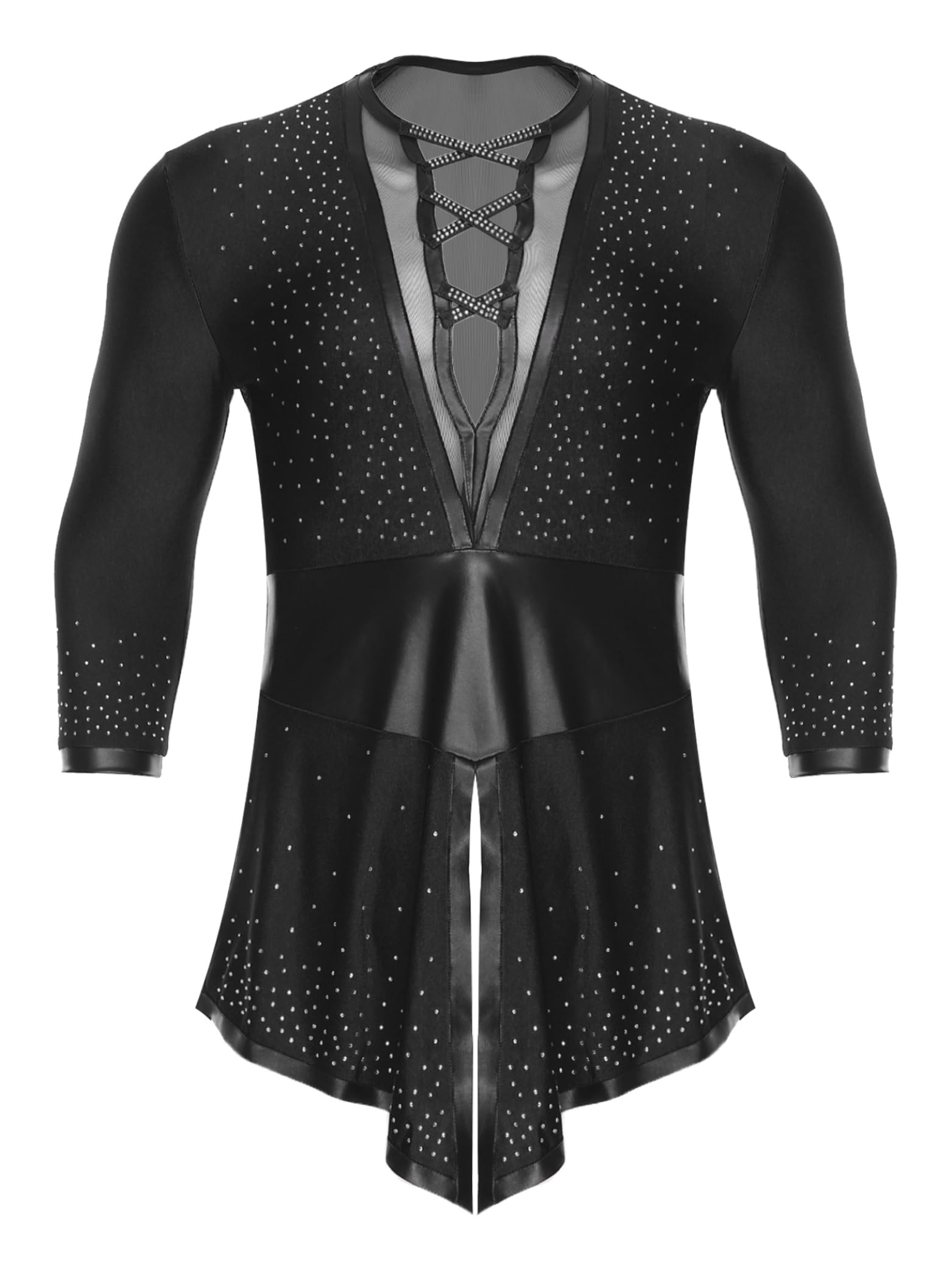 Uomo Top Camicia Danza Latina Salsa Rumba Cha Strass Tunica Manica Lunga