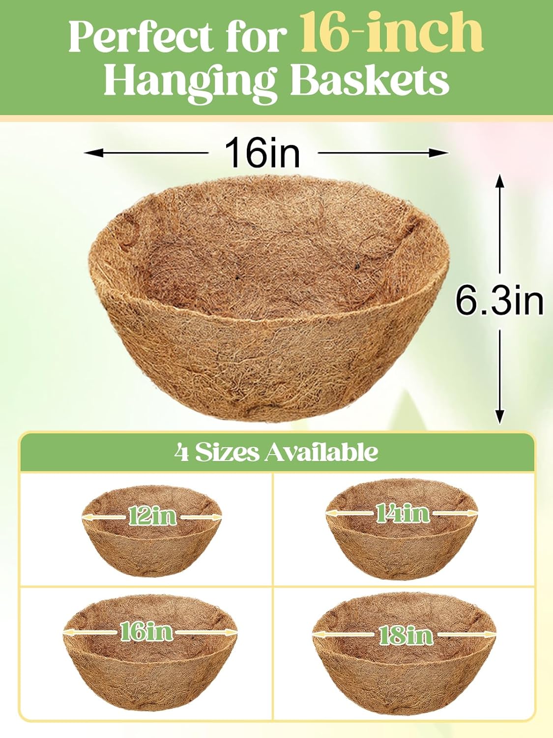 4Pcs 16inch Coconut Liners for Hanging Baskets Planters - Made of 100% Natural Coco Coir Fiber, Thick Breathable Round Liner for Outdoor Porch Garden Flower