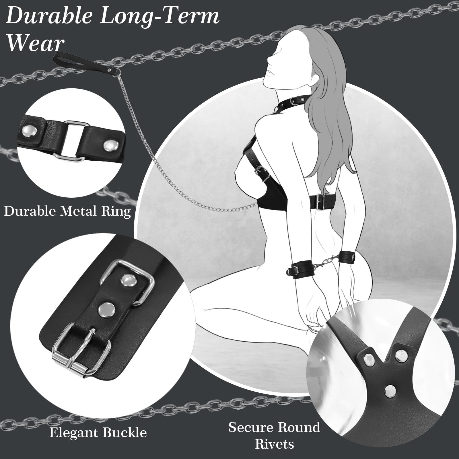 BDSM Bondage Sex Breast Restraints Set B to E Cup Boobs Sex Things for Couples Kinky Adult Sex Toys with Dual-Layer PU Leather Harness Collars with Traction Chain Handcuffs Accessories S&M Floggers