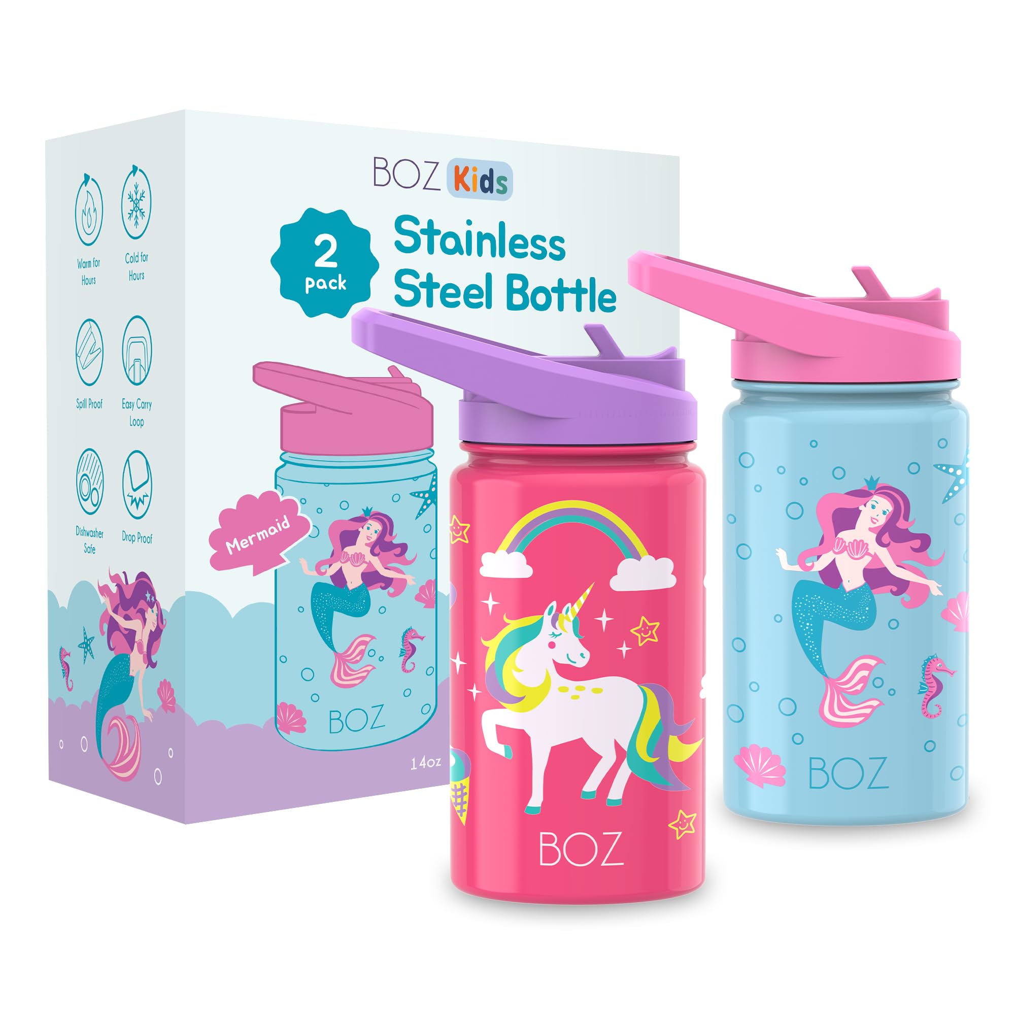 BOZ Kids Insulated Water Bottle with Straw Lid, Two-Pack Bundle, Unicorn/Mermaid