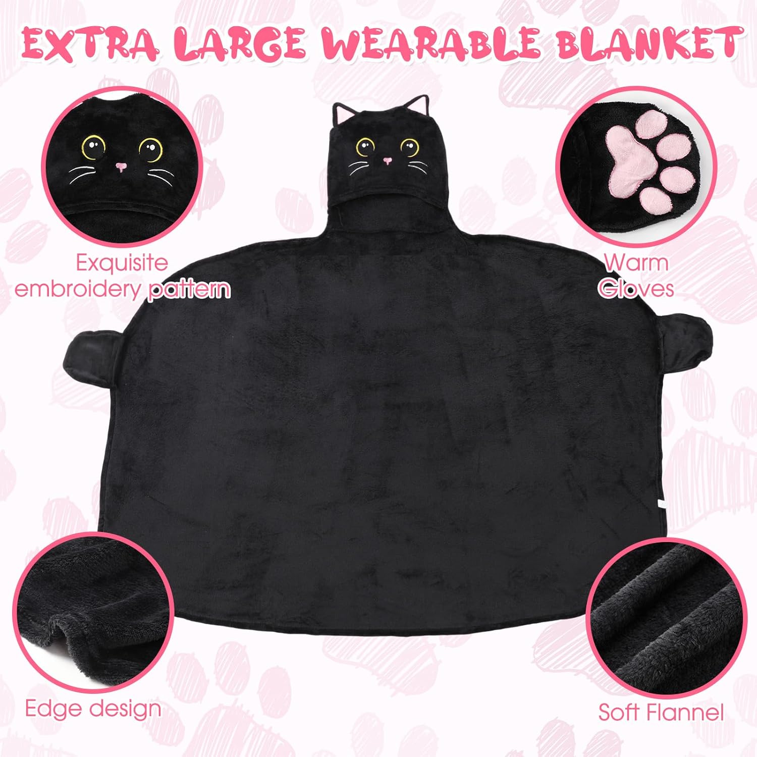Peryiter Cat Wearable Blanket Hoodie - Valentine Black Cat Gift Adults Oversize Soft Flannel Cloak Wrap Throw Hooded Blanket for Women Men - Image 3