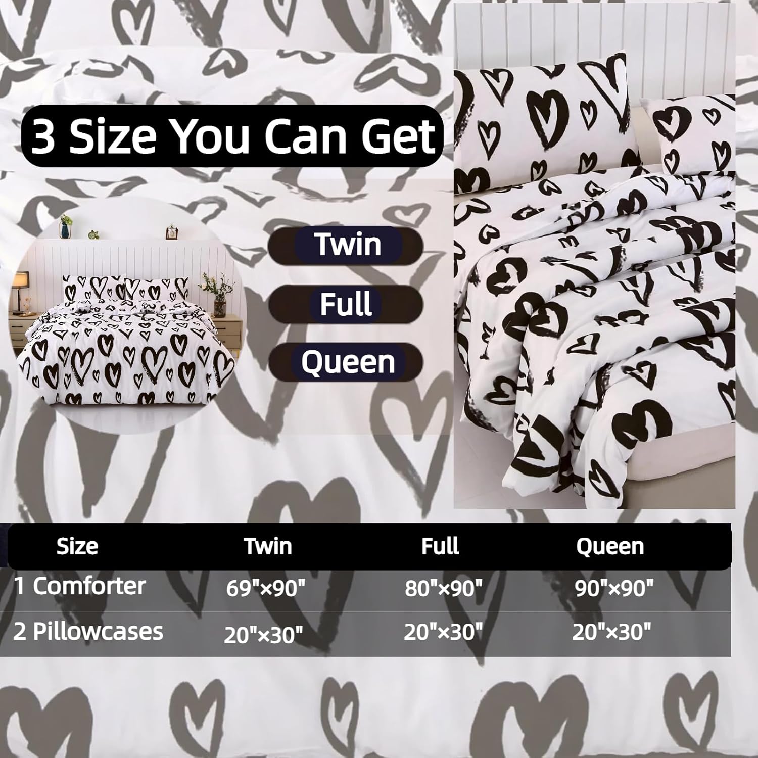 SDIII 3PCS Love Heart Comforter Set Queen, Soft Microfiber Lightweight Heart Comforter Queen, Black and White Romantic Bedding Set for Kids and Adults
