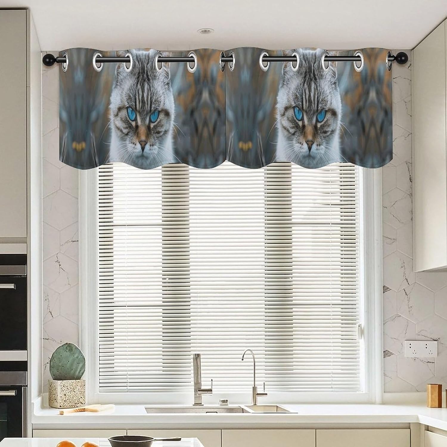 Gray and White Cat Valance for Windows, 2 Pack Kitchen Curtains Modern Home Decor, Soft Blackout Window Curtains for Living Room & Bedroom, 18 X 52 Inch
